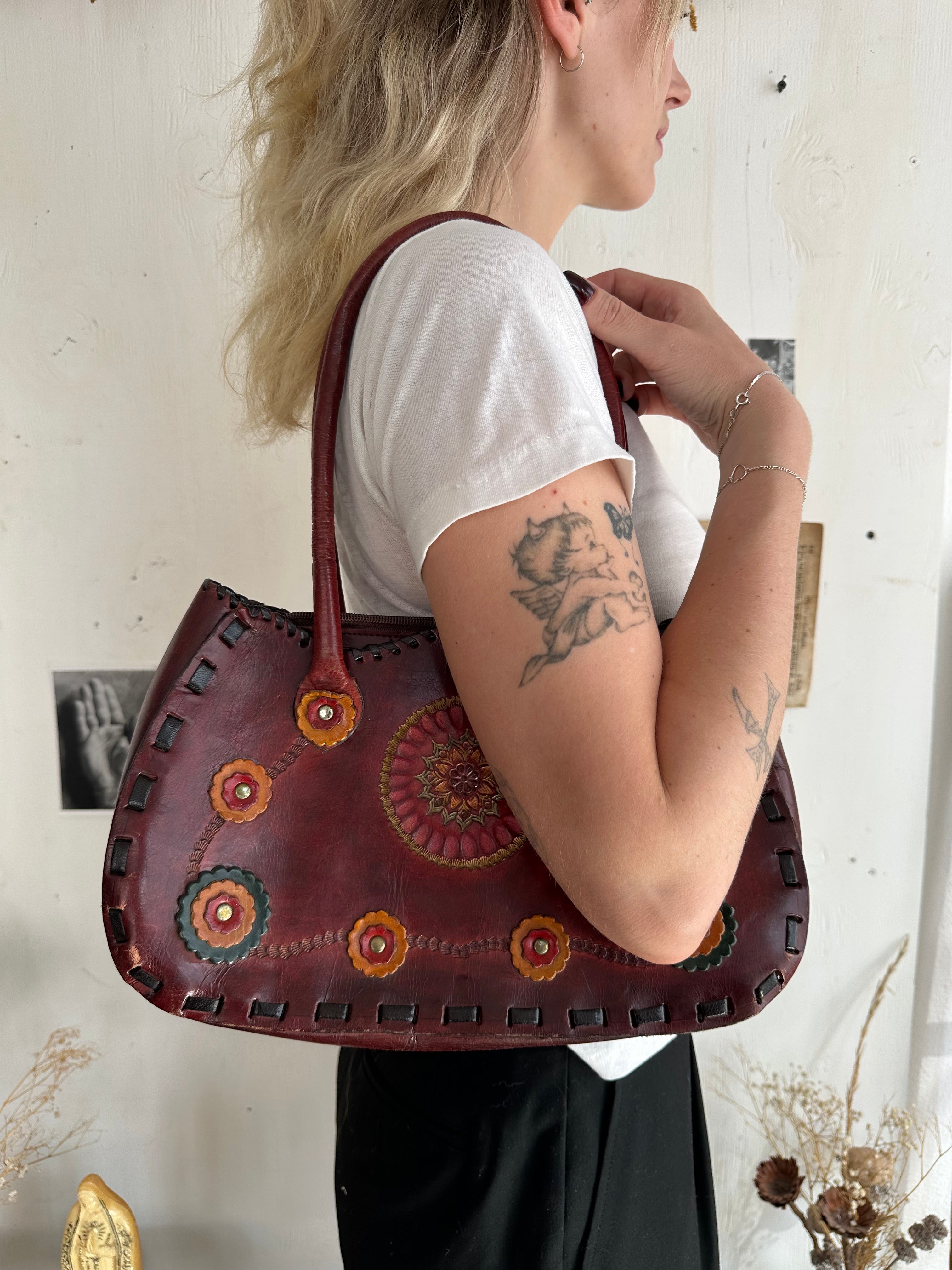 1970s Floral Leather Handbag