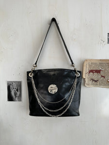 Vintage Well Worn Black Leather Bag W/ Doomsday Pin and Chains