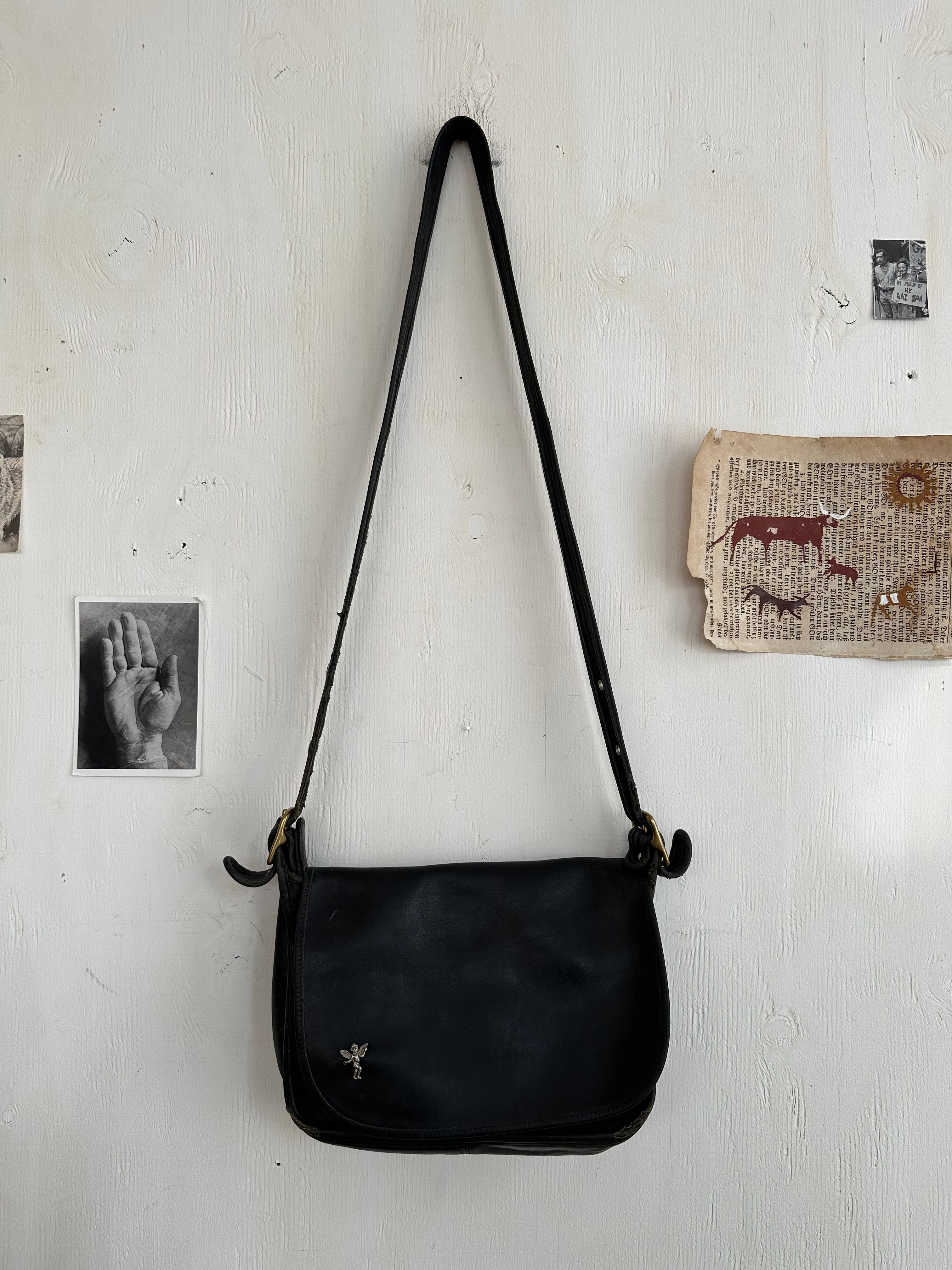1990s Black Leather Coach Bag W/ Angel Pin