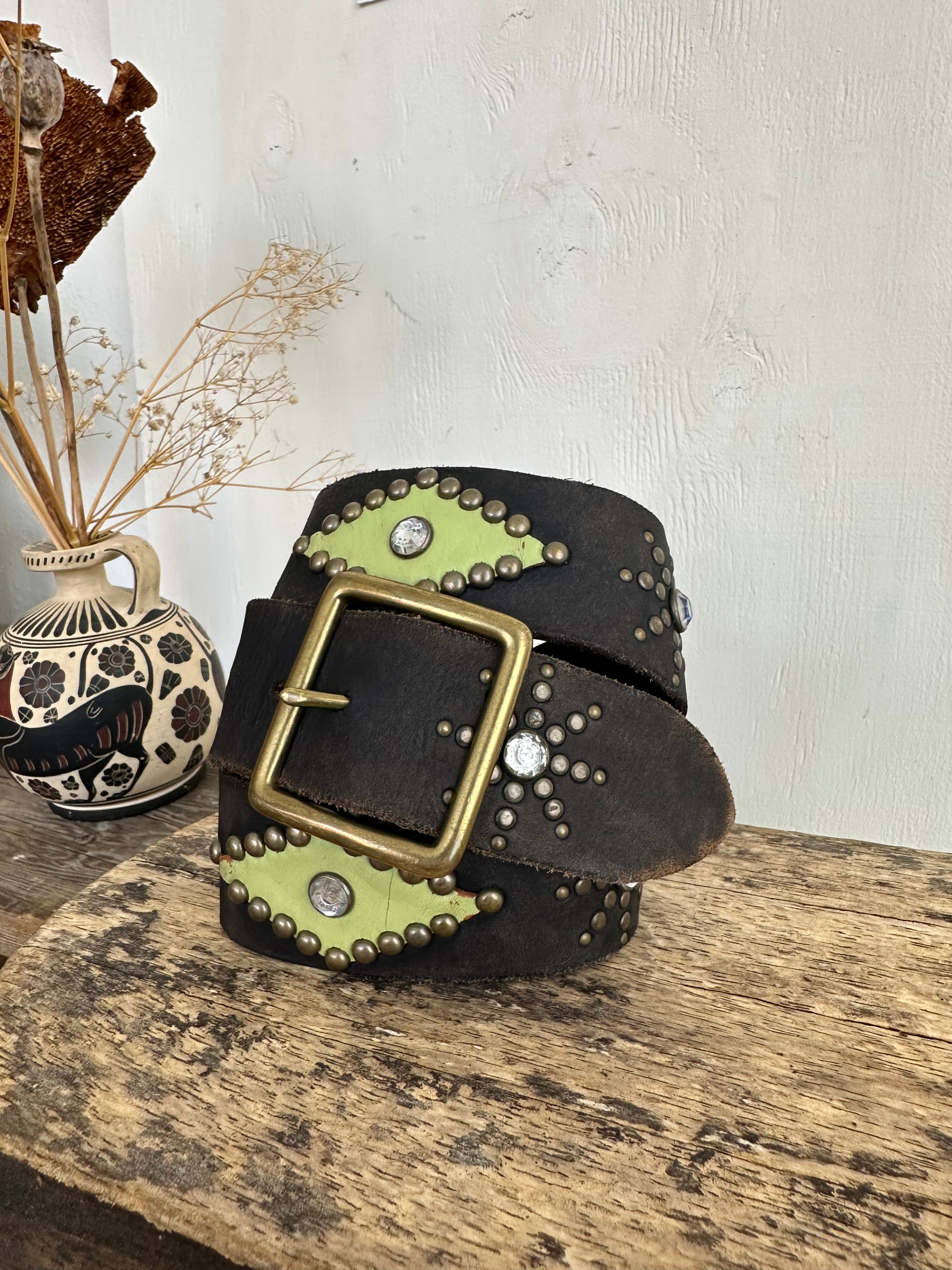 Vintage Studded Diamonds and Leather Belt (30" - 34")