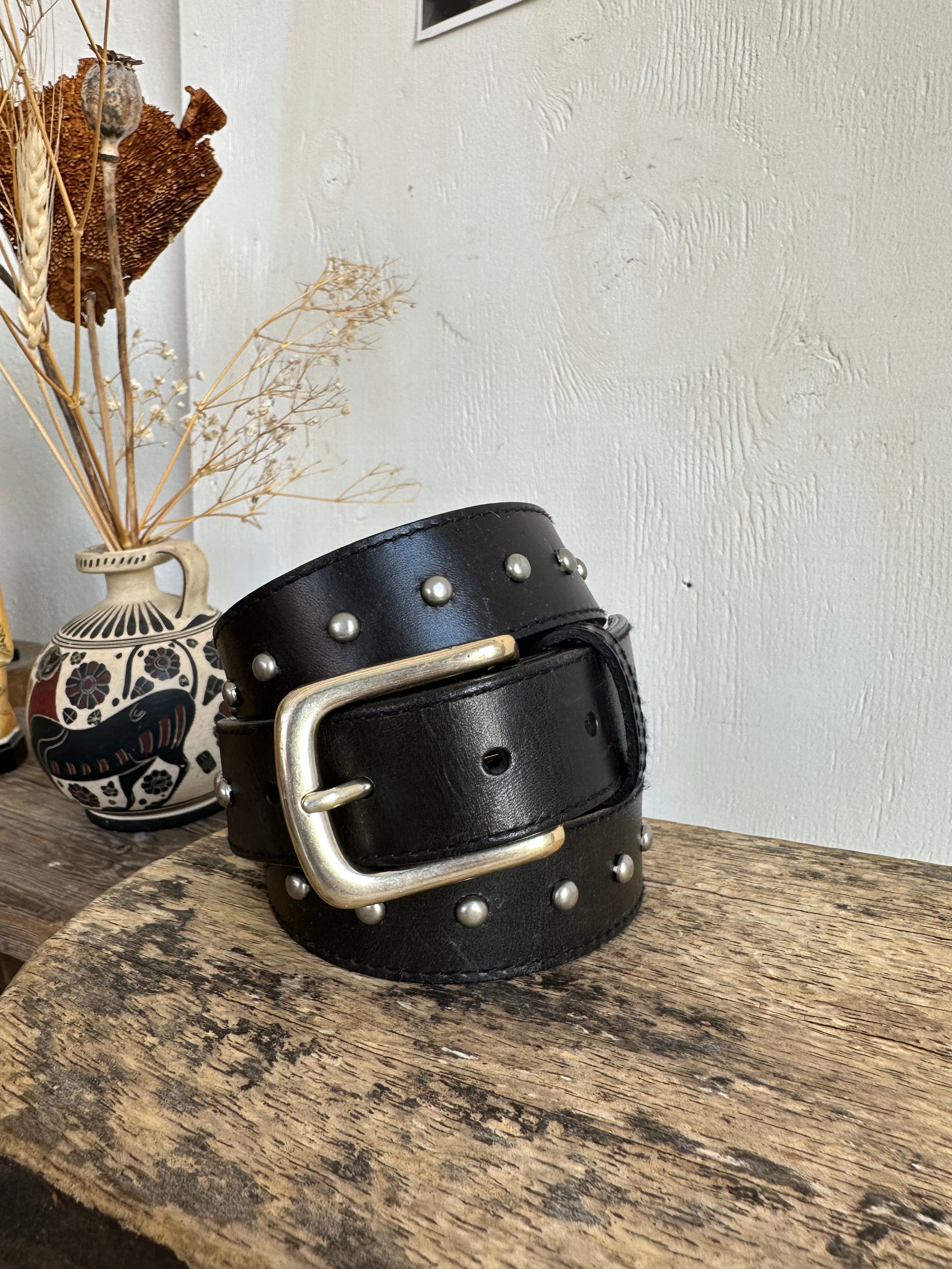 1990s Studded Leather Belt W/ Brass Buckle (34" - 38")