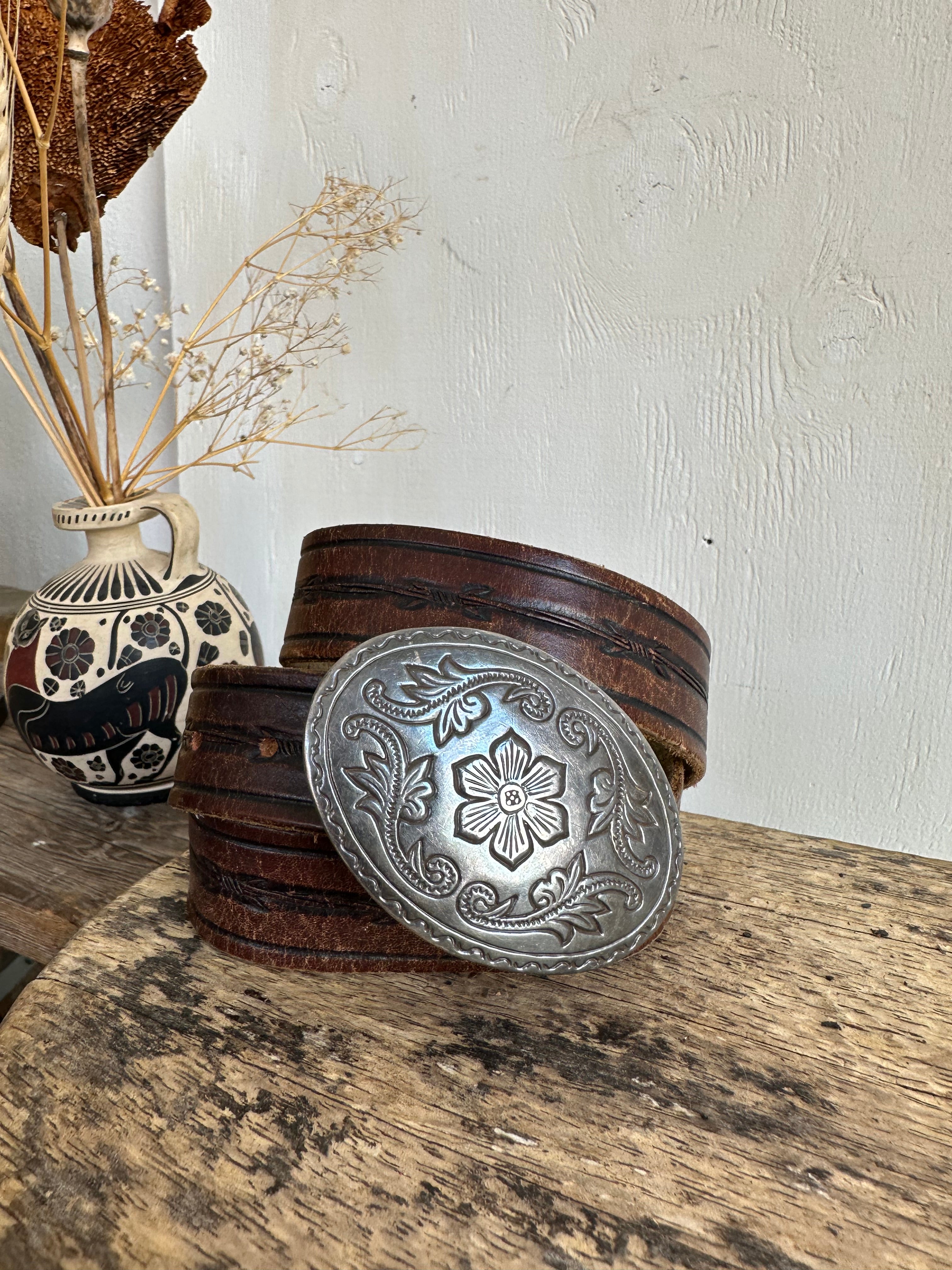 Barbed Wire Leather Belt W/ Folky Floral Buckle (32" - 38")