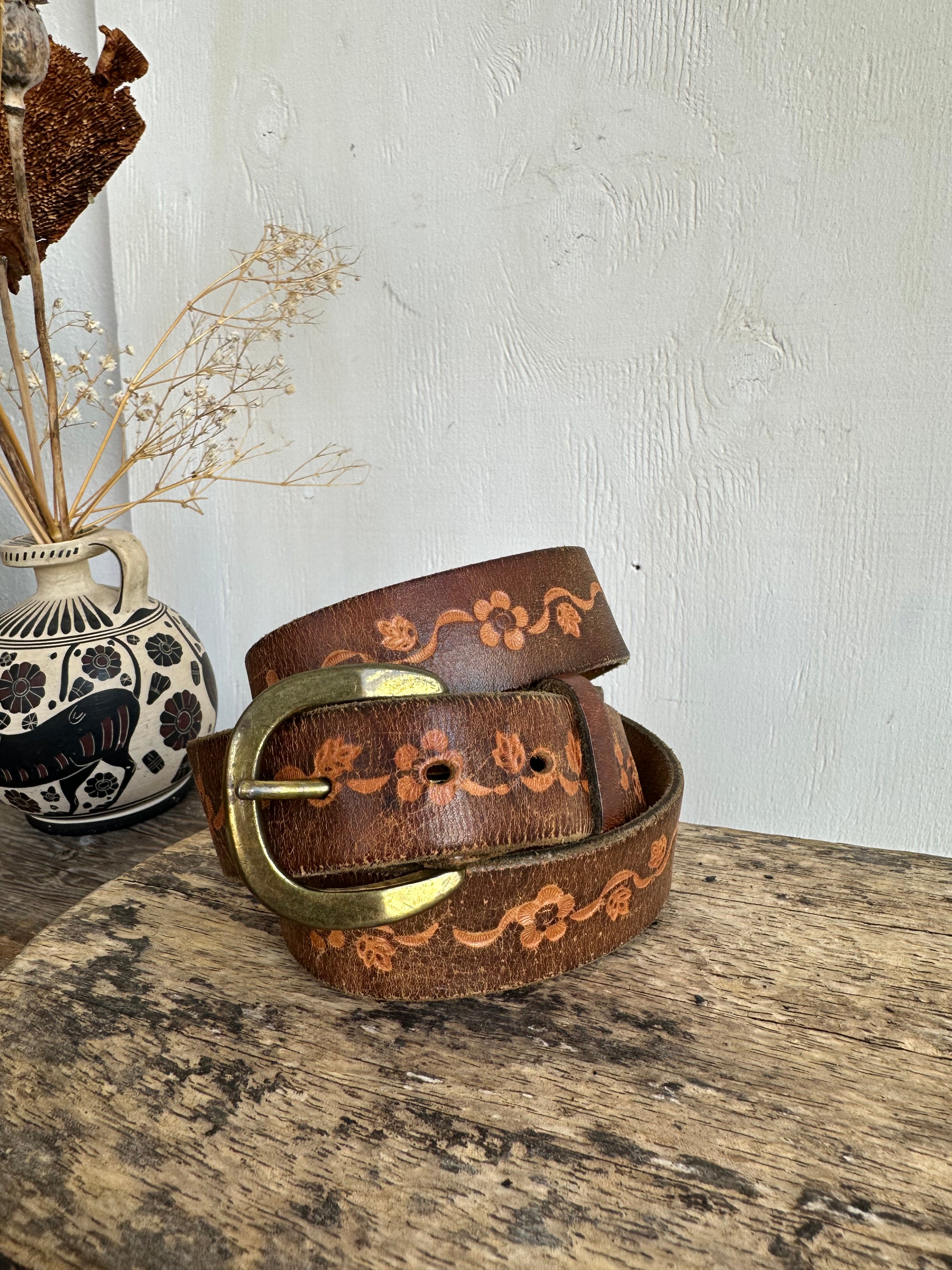 Vintage Floral Design Leather Belt (32" - 36")