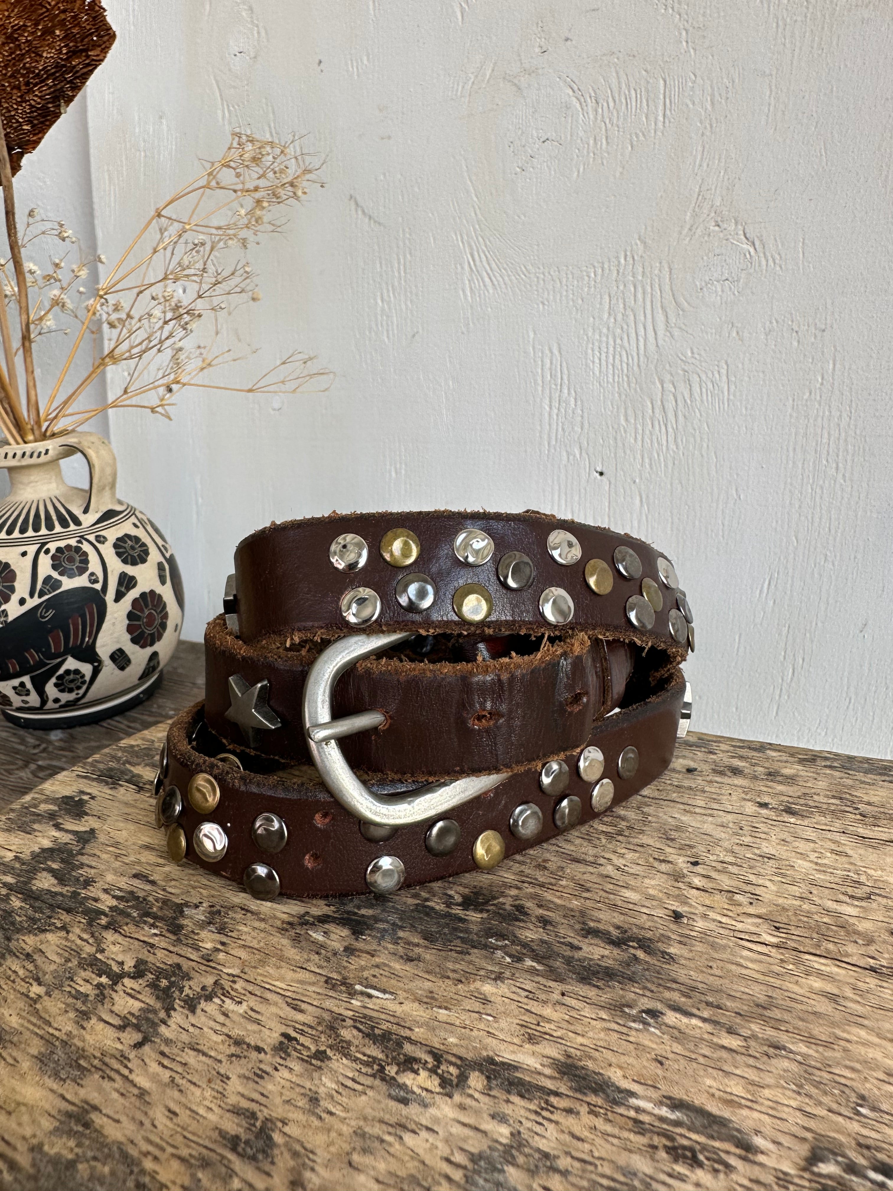 Sloppy Rivet Leather Belt W/ Stars (36" - 38")