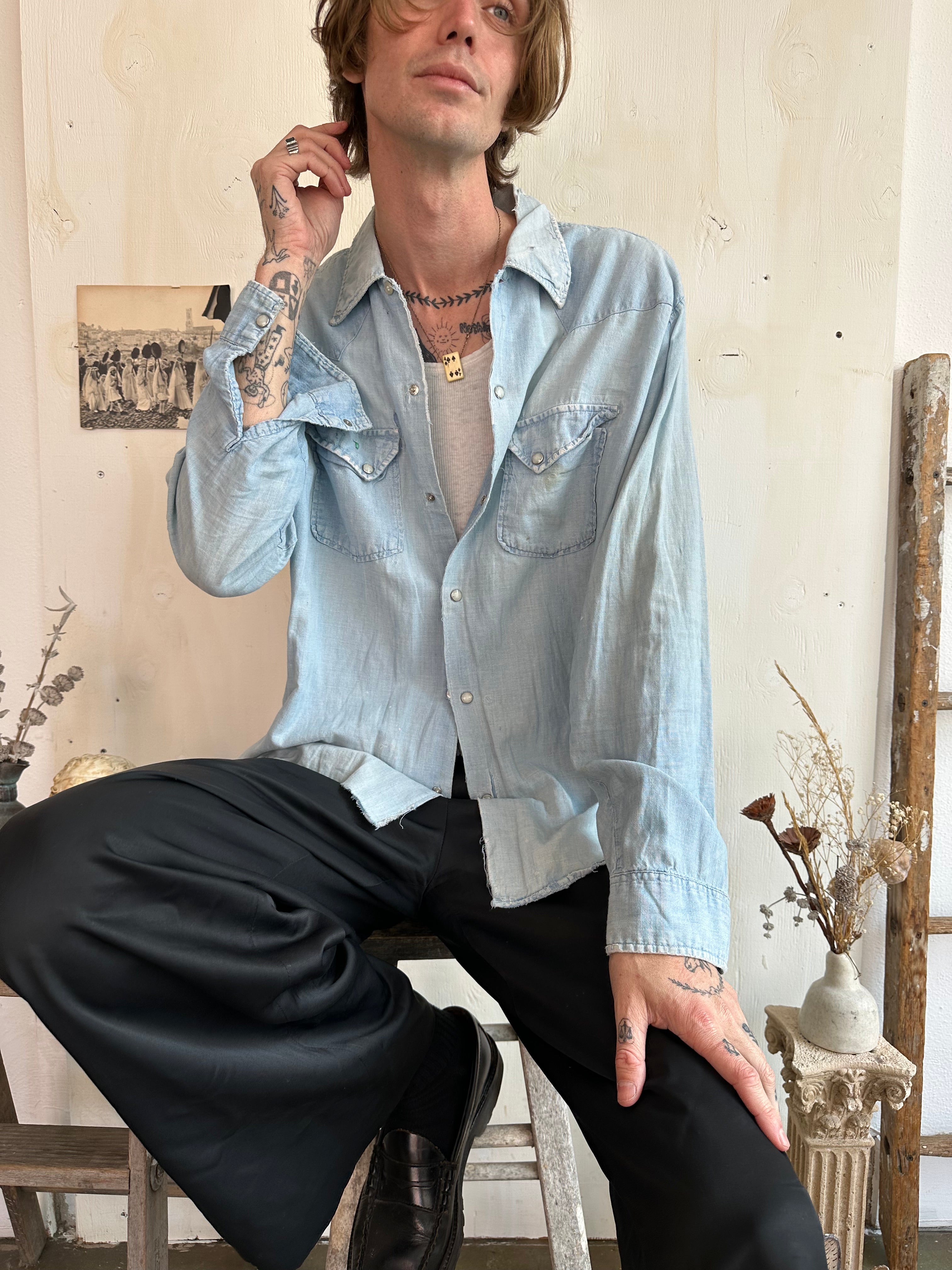 1970s Thrashed and Patched Paper Thin Western Shirt (Boxy XL)