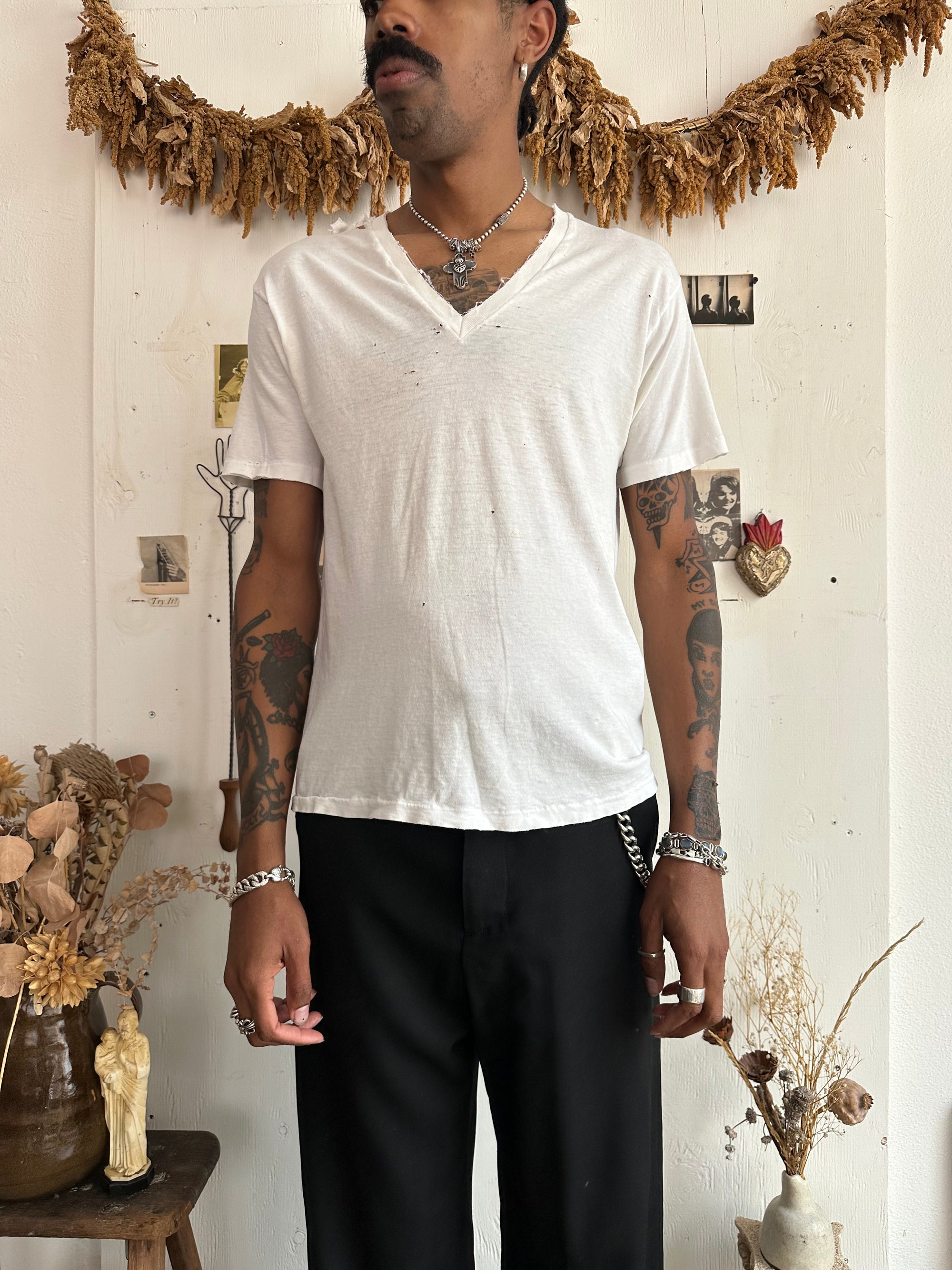 1970s Thrashed White V-Neck