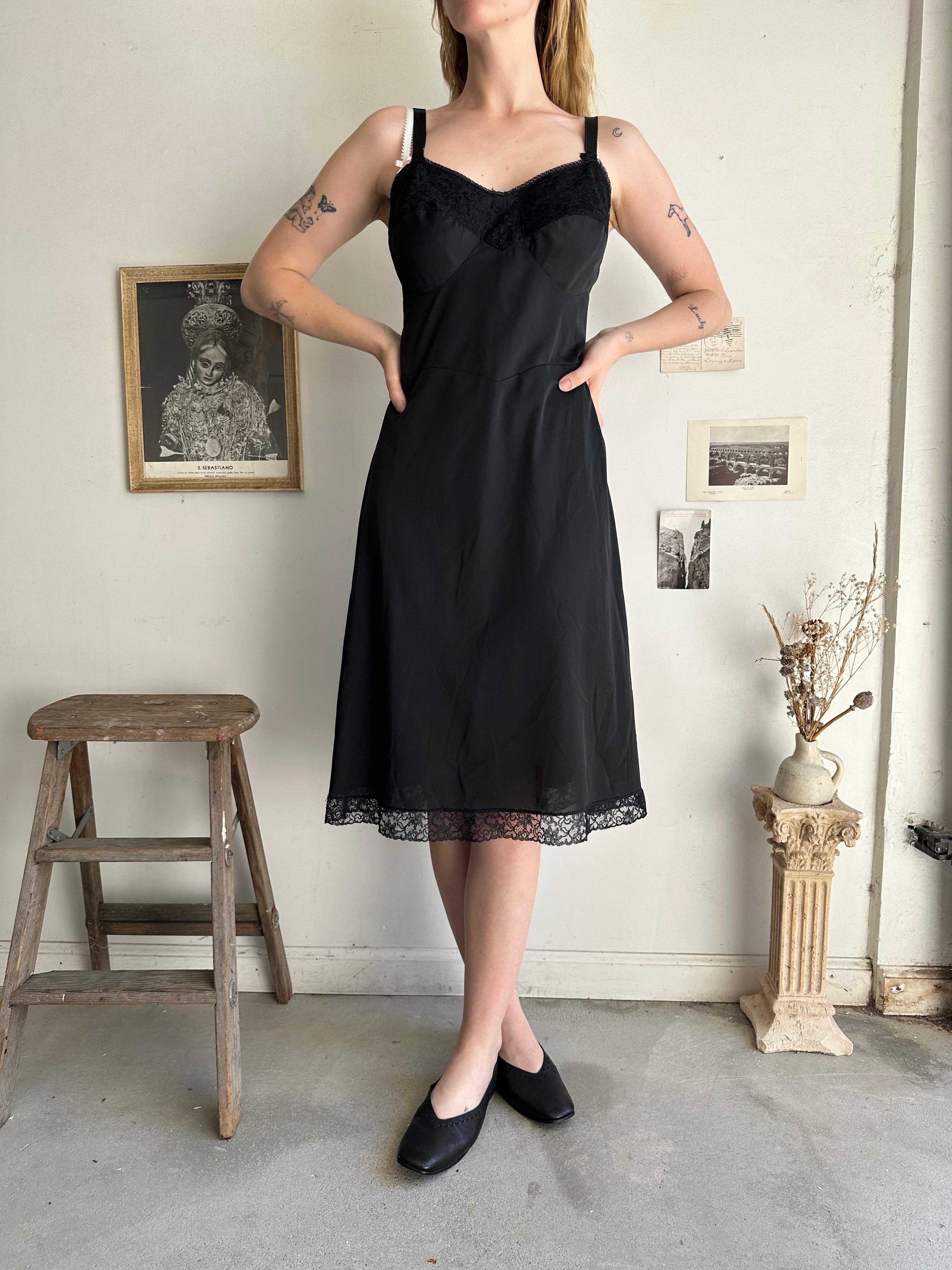 1960s Black Lace Trim Nylon Slip Dress (L)