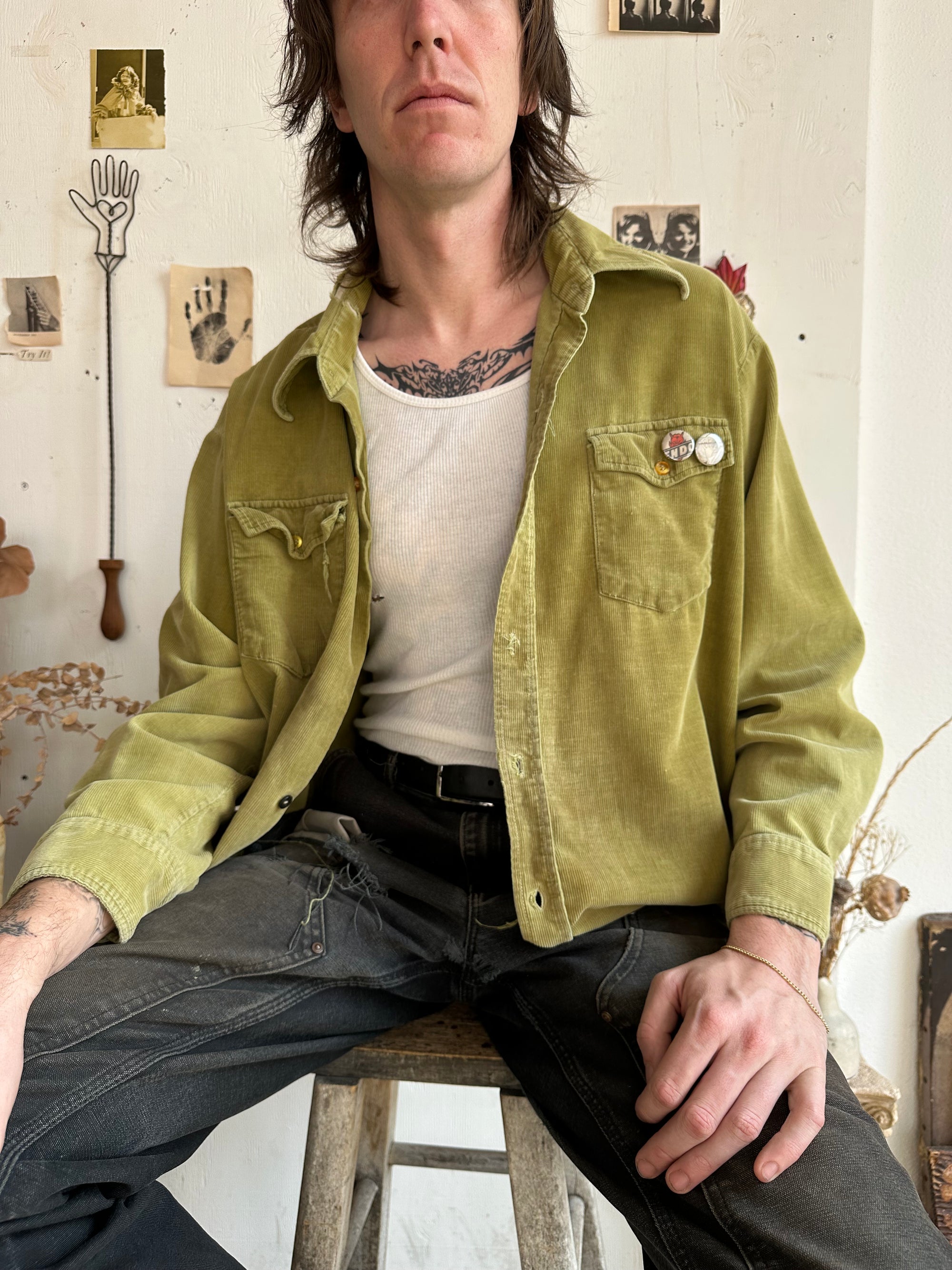 1970s Thrashed Corduroy Shirt W/ Pins