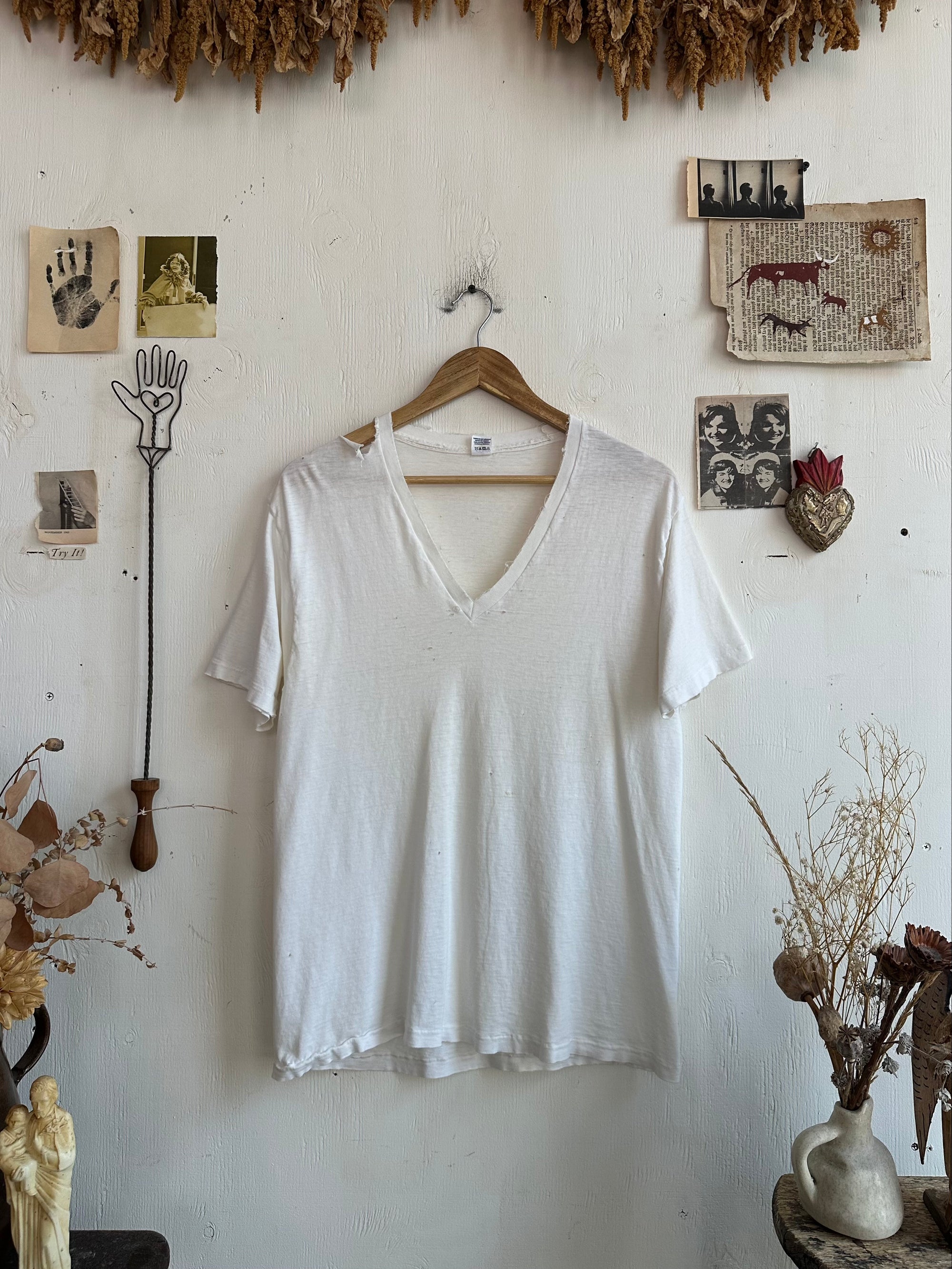 1970s Thrashed White V-Neck