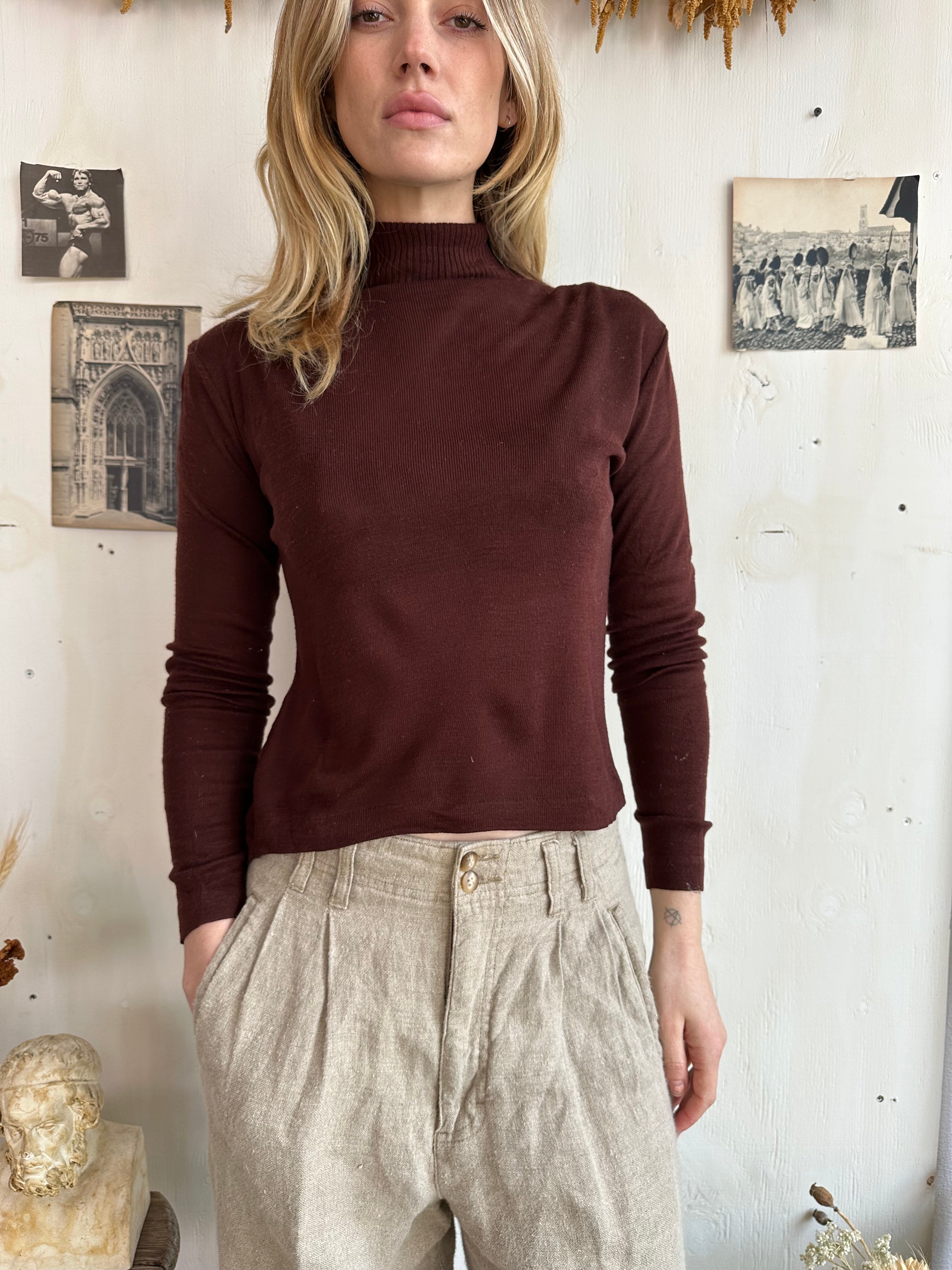 1980s Oxblood Brown Ribbed Turtleneck (S)