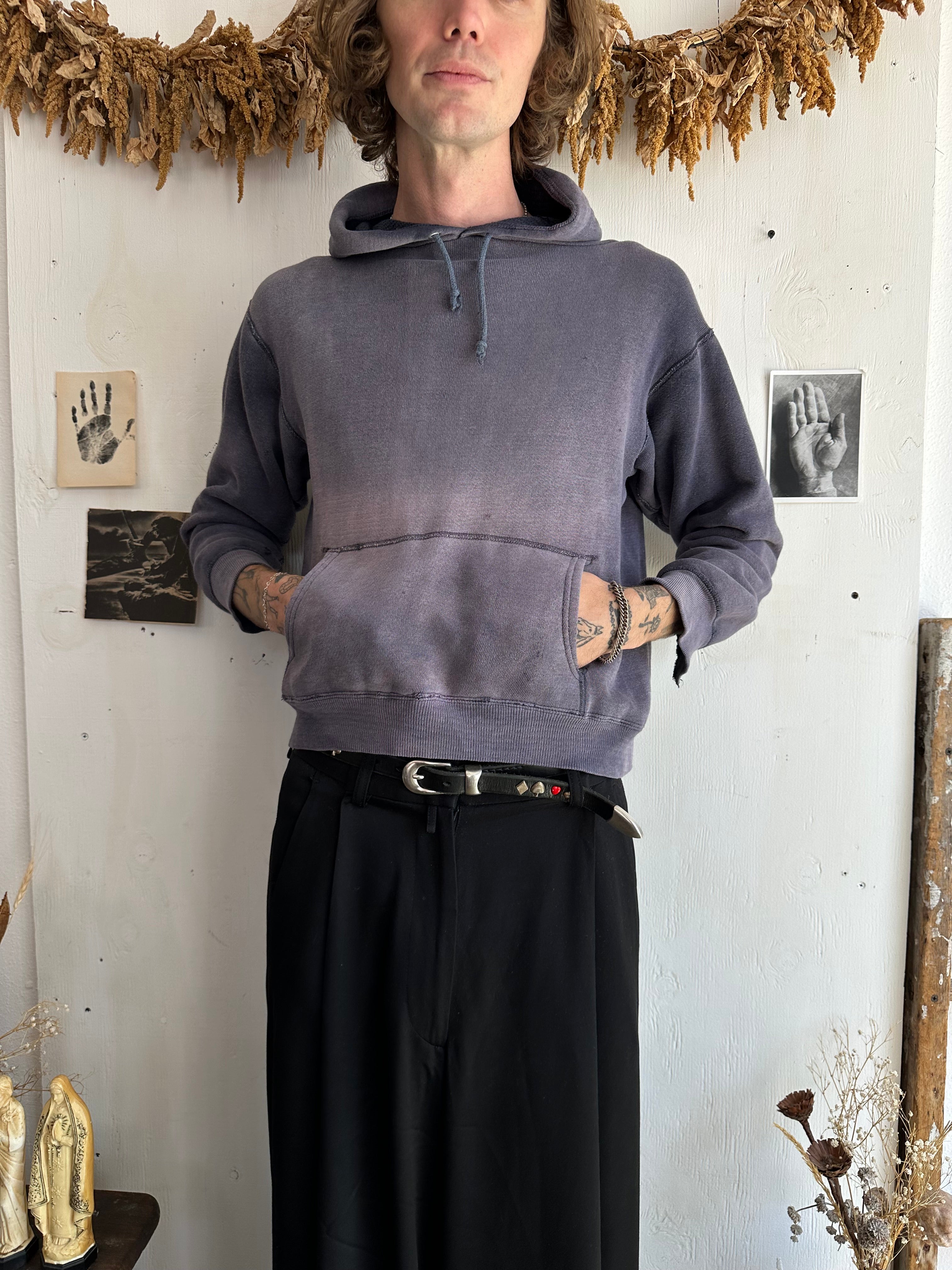 1950s Sunfaded Midnight Black Thermal Lined Hoodie (Boxy S/M)