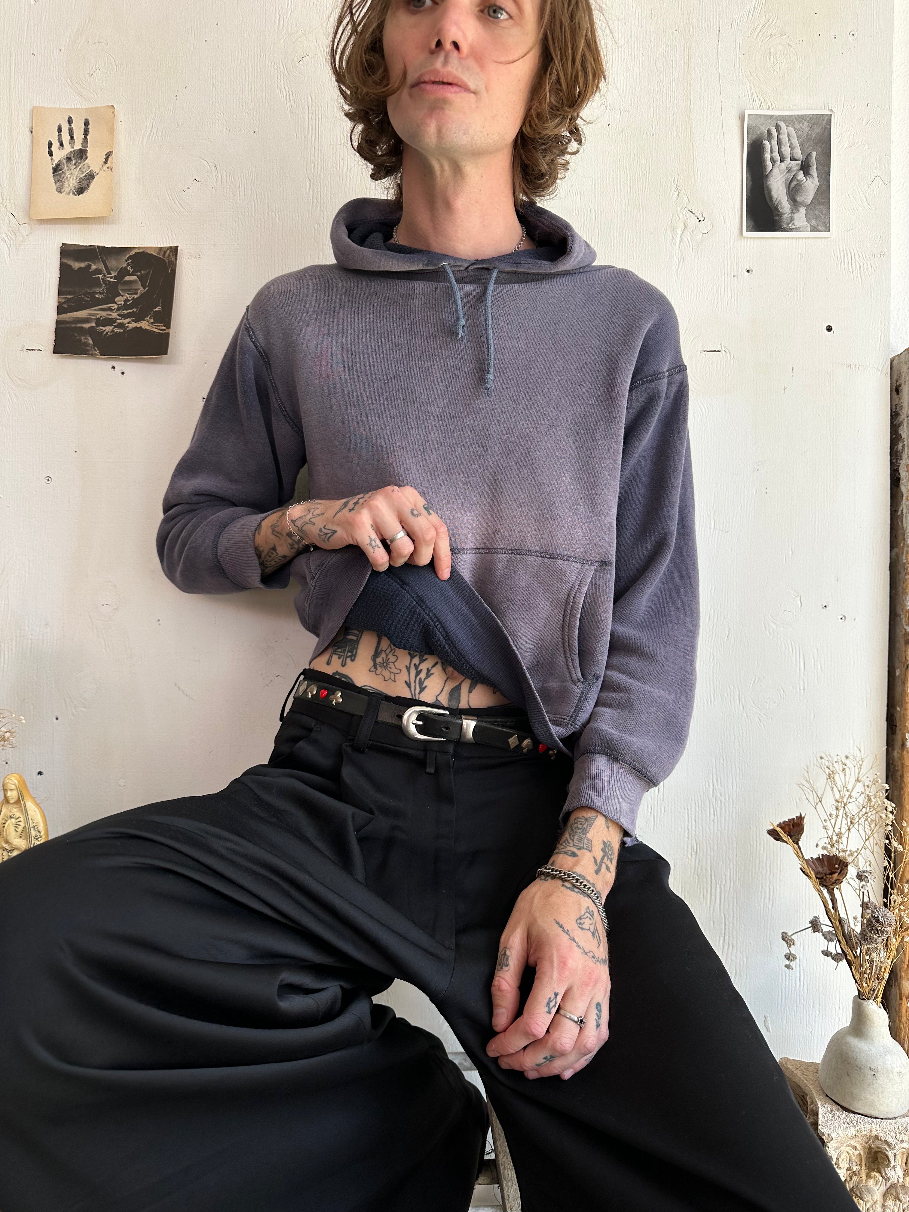 1950s Sunfaded Midnight Black Thermal Lined Hoodie (Boxy S/M)