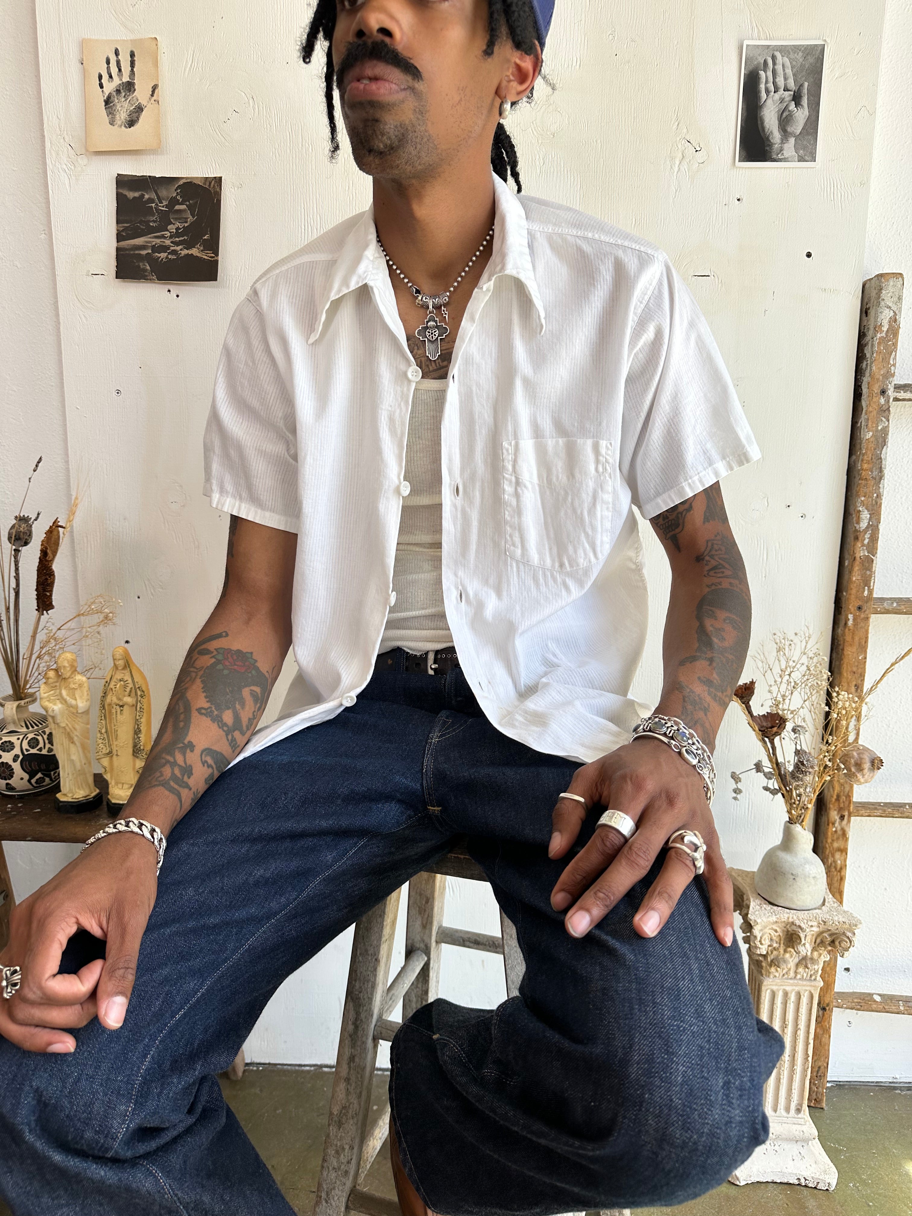 1970s Short Sleeve Gauzy Button Up (Boxy L)