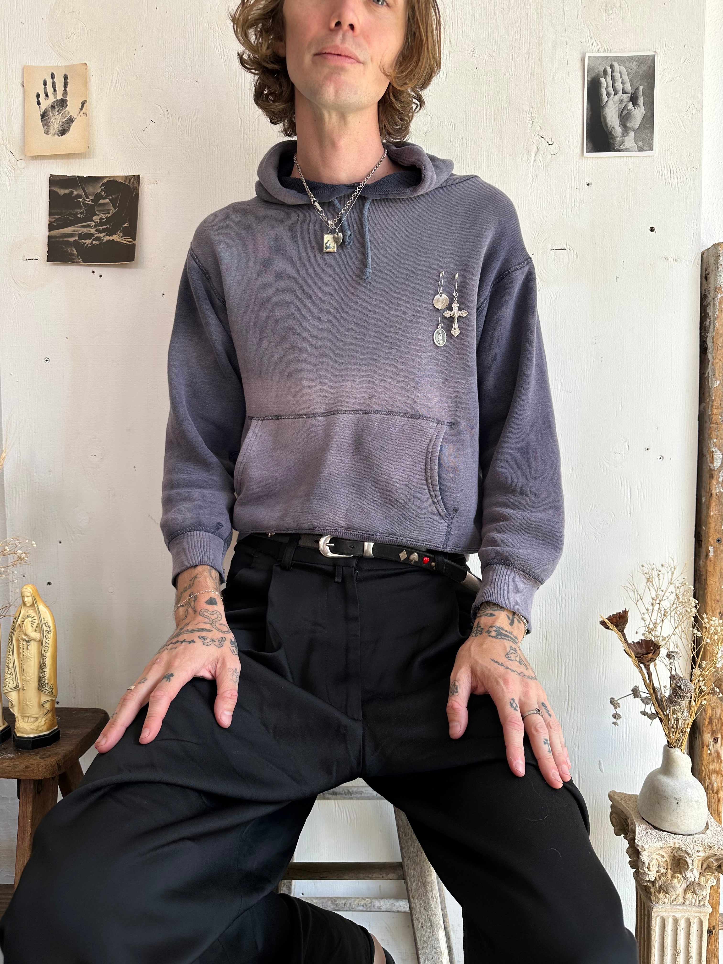 1950s Sunfaded Midnight Black Thermal Lined Hoodie (Boxy S/M)
