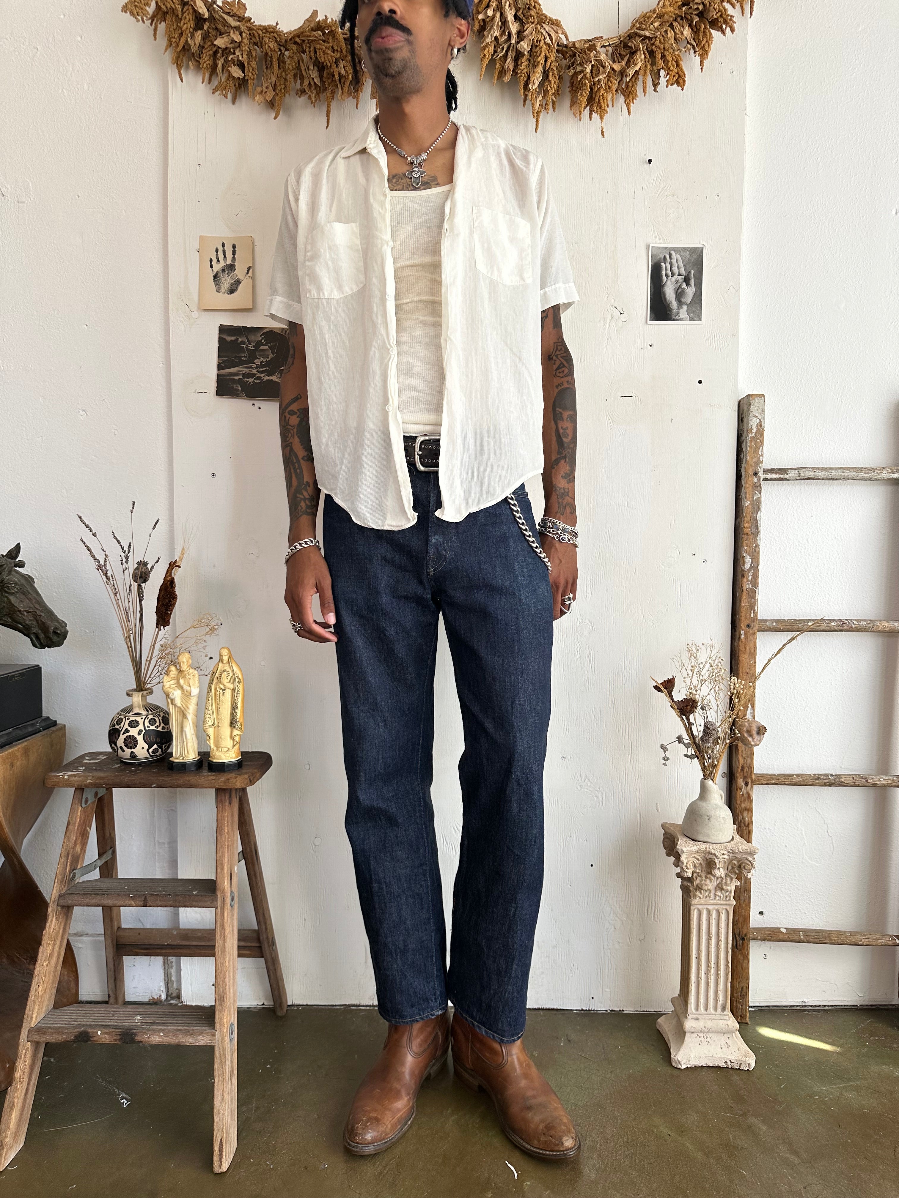 1950s Short Sleeve Sheer Button Up (Boxy L/XL)