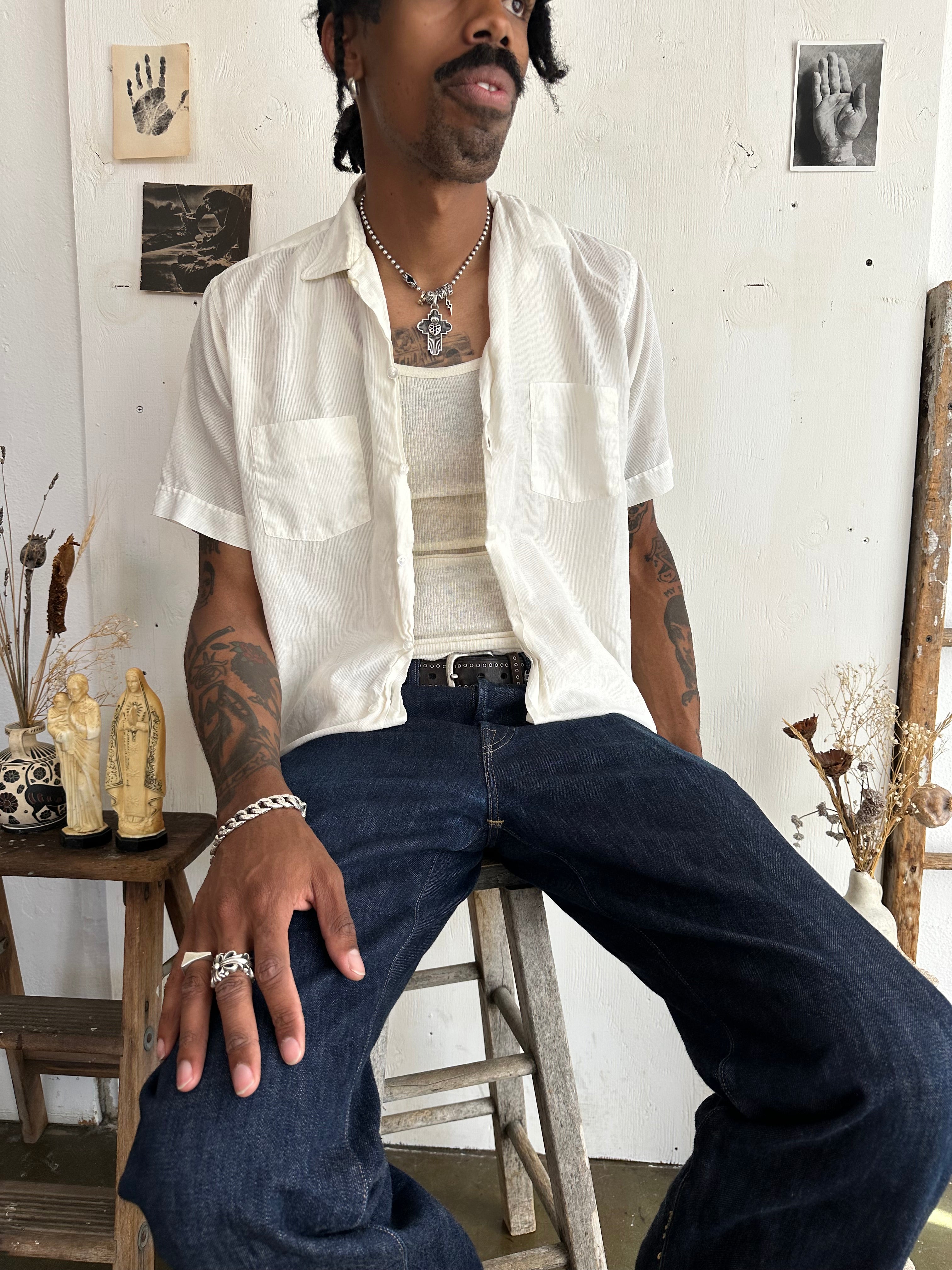 1950s Short Sleeve Sheer Button Up (Boxy L/XL)