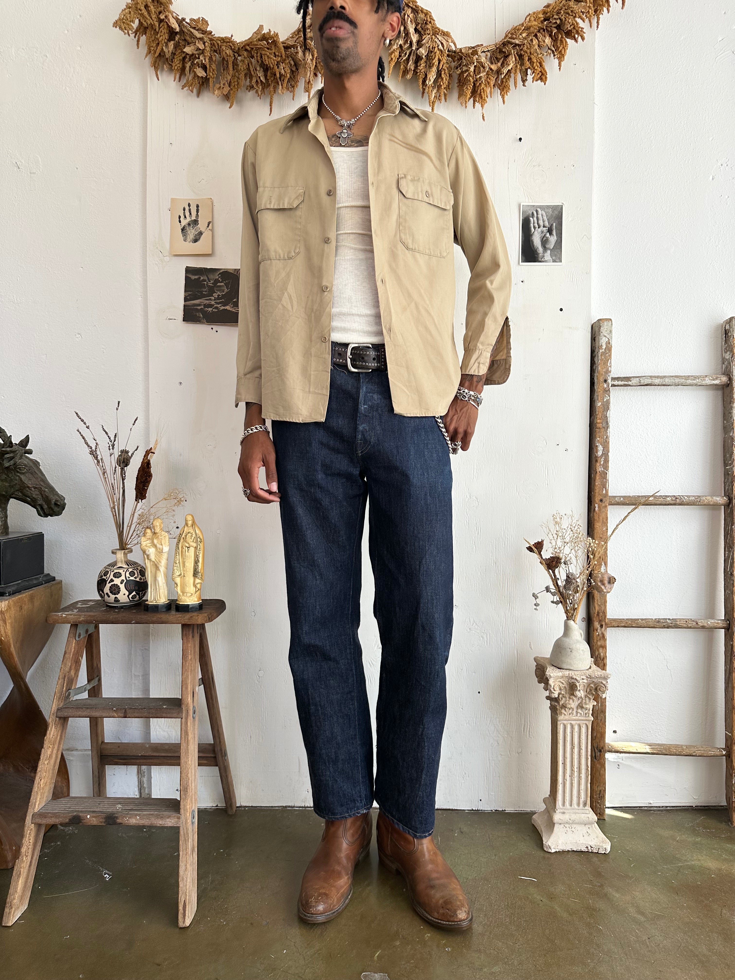 1960s Well Worn Khaki Workshirt (L)