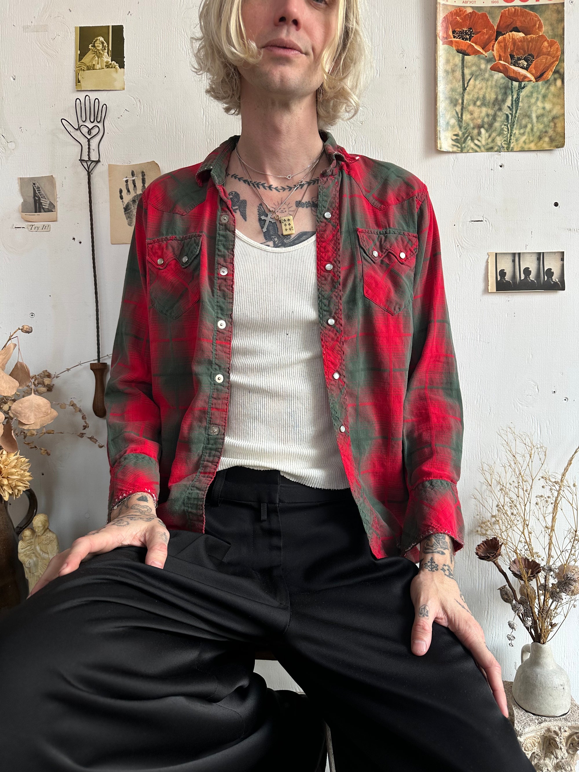 1970s Shadow Plaid Snap Button Western Shirt