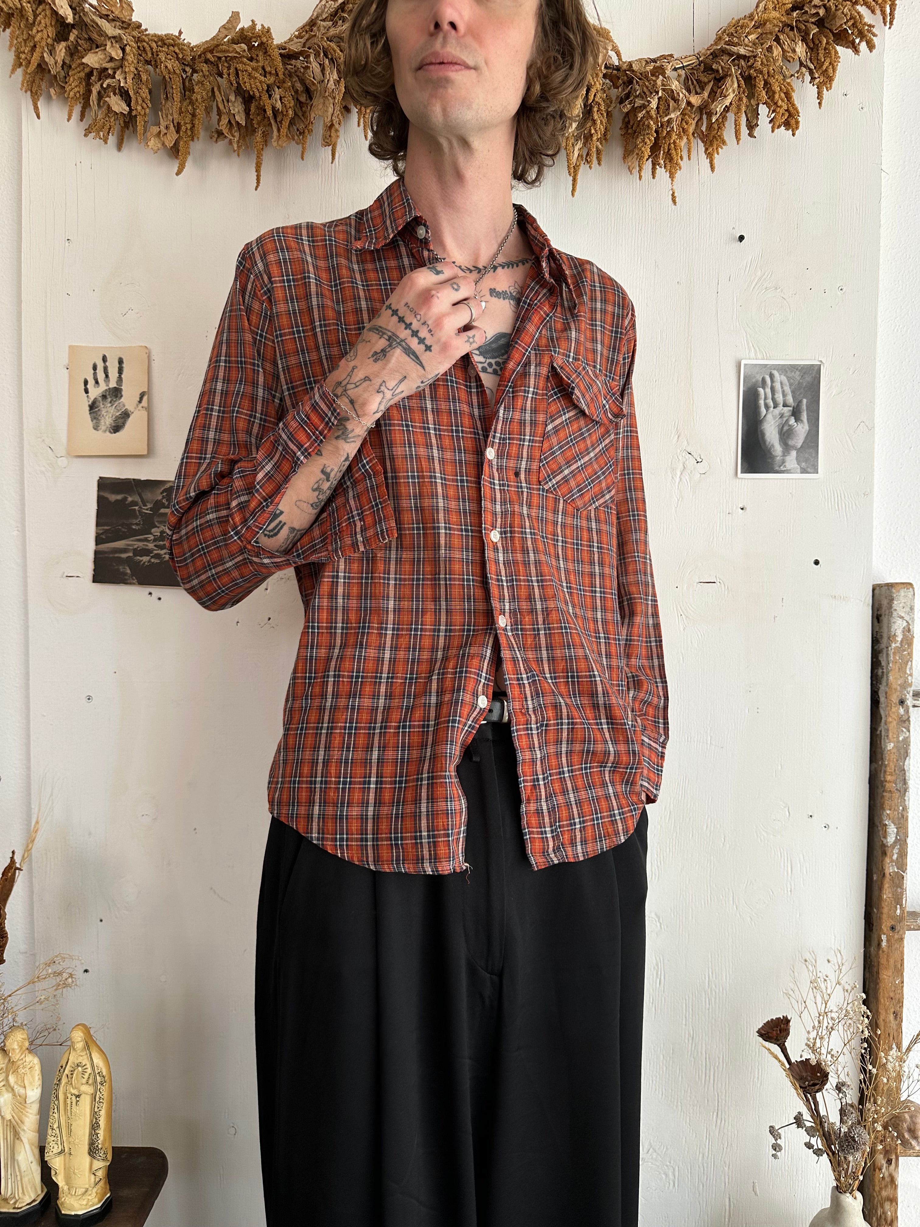 1970s Paper Thin Well Worn Plaid Shirt (L)