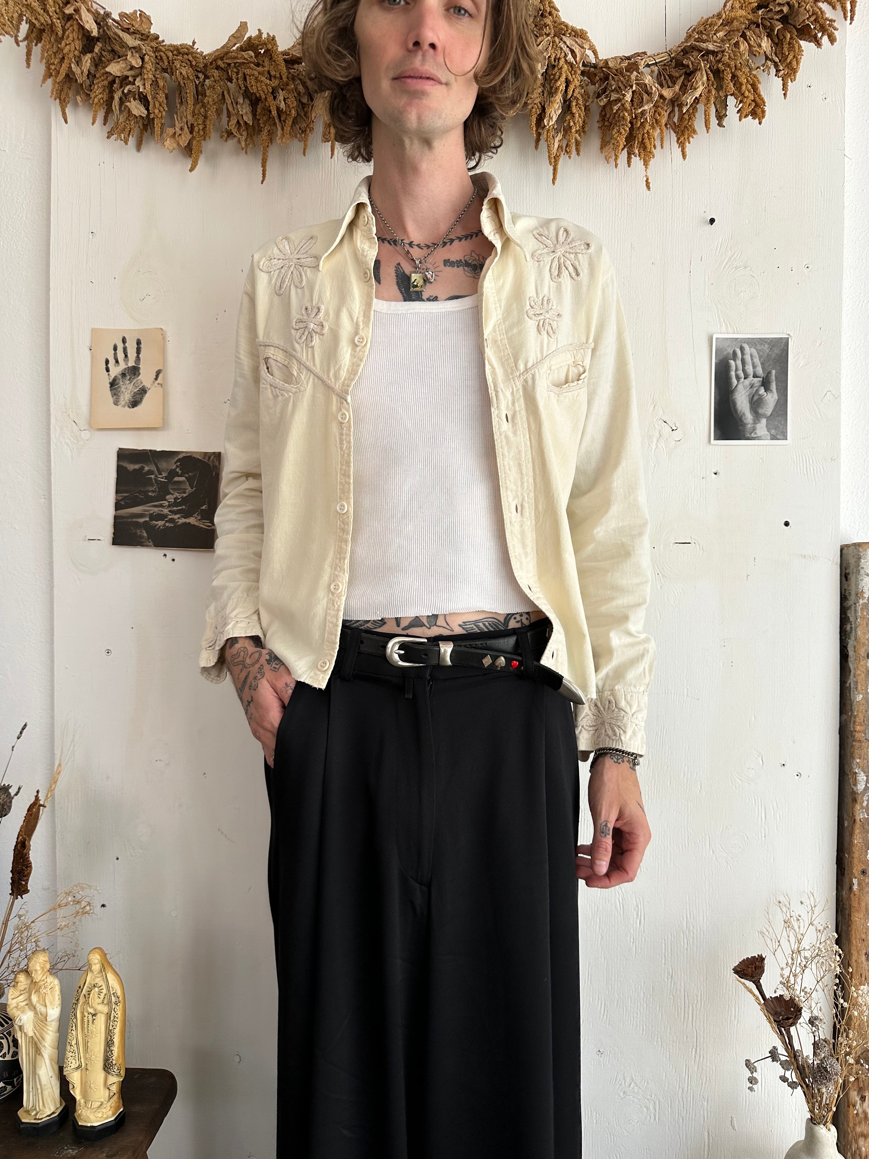1970s Tonal Embroidered Cotton Western Shirt (S)