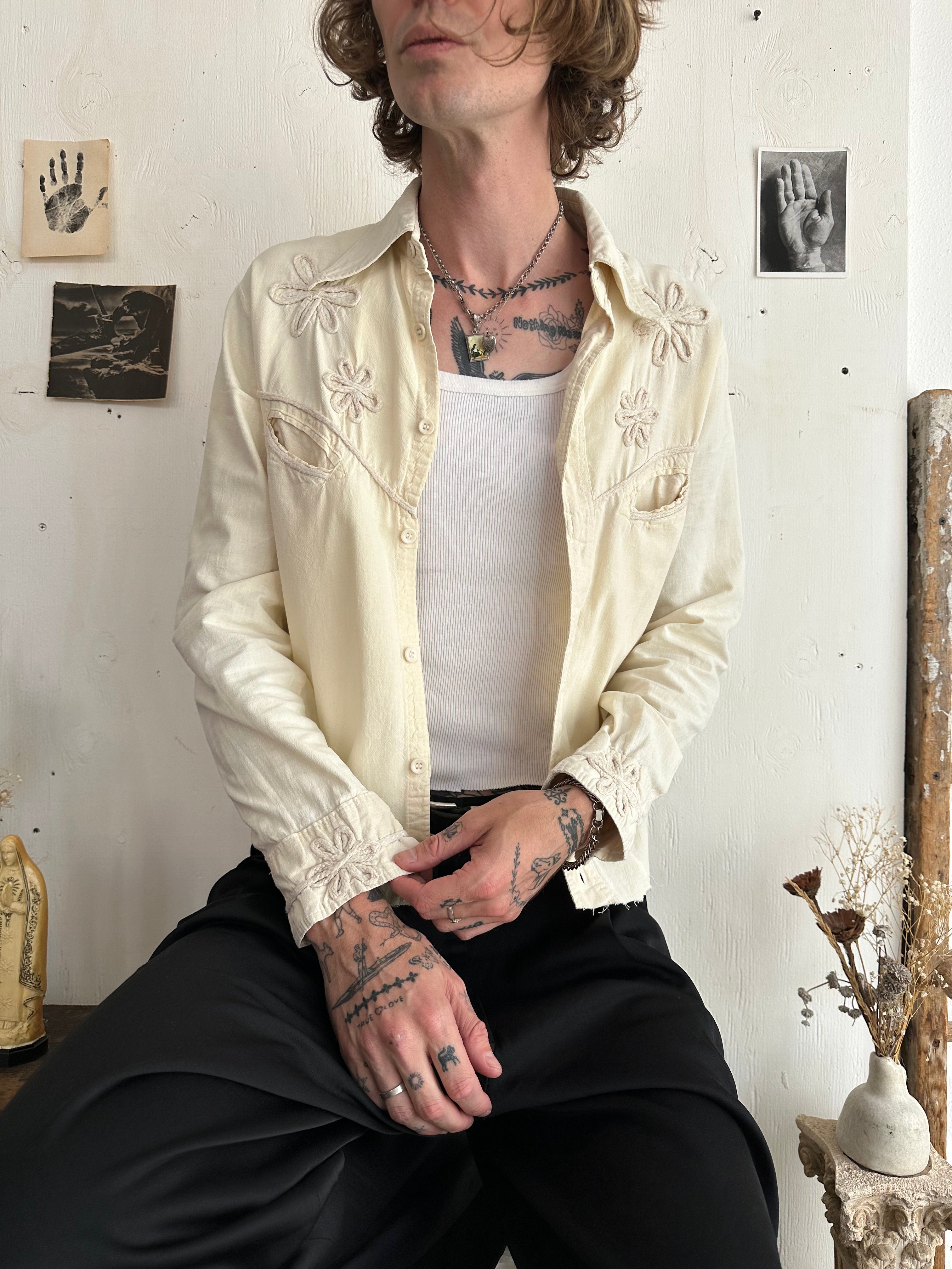 1970s Tonal Embroidered Cotton Western Shirt (S)