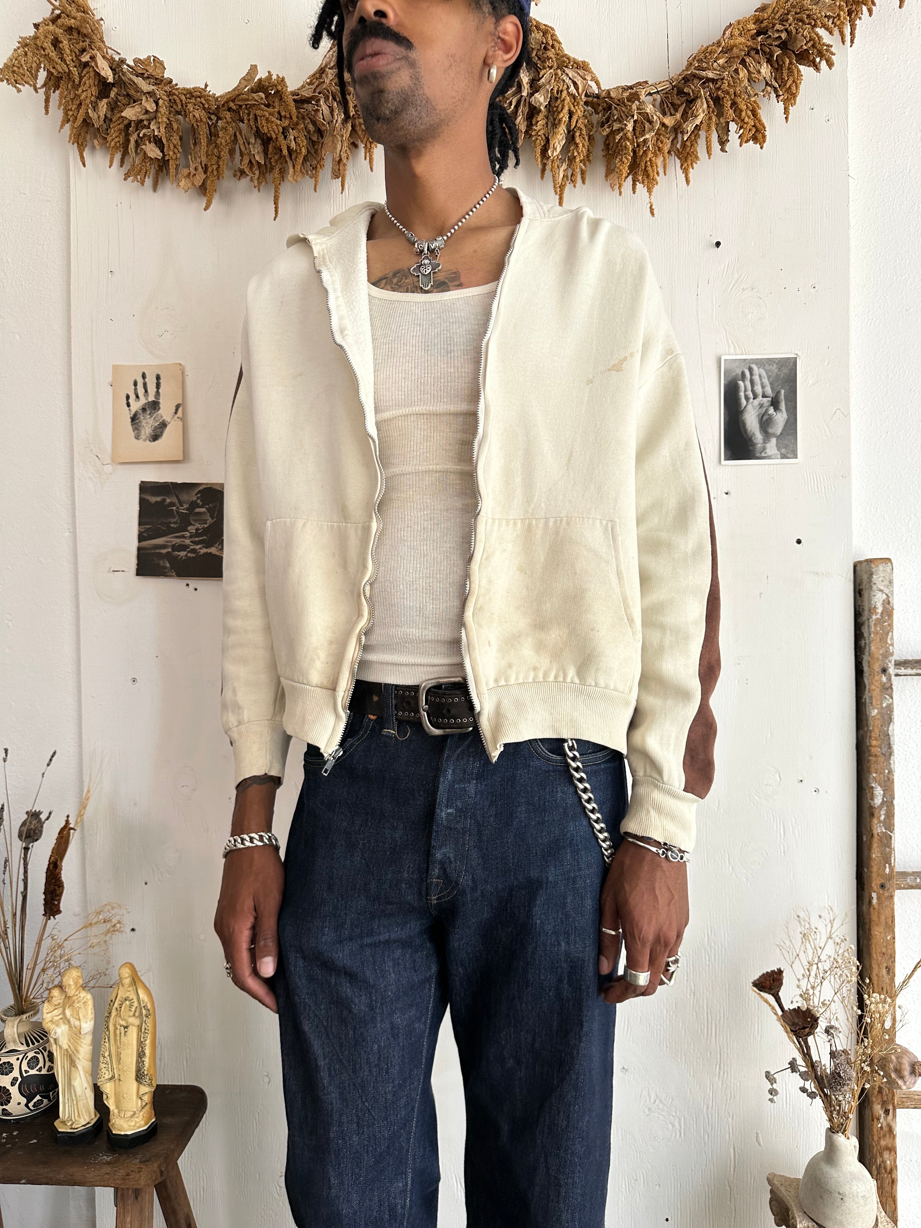 1980s Thrashed Colorblock Cream and Brown Zip Up (Boxy L)
