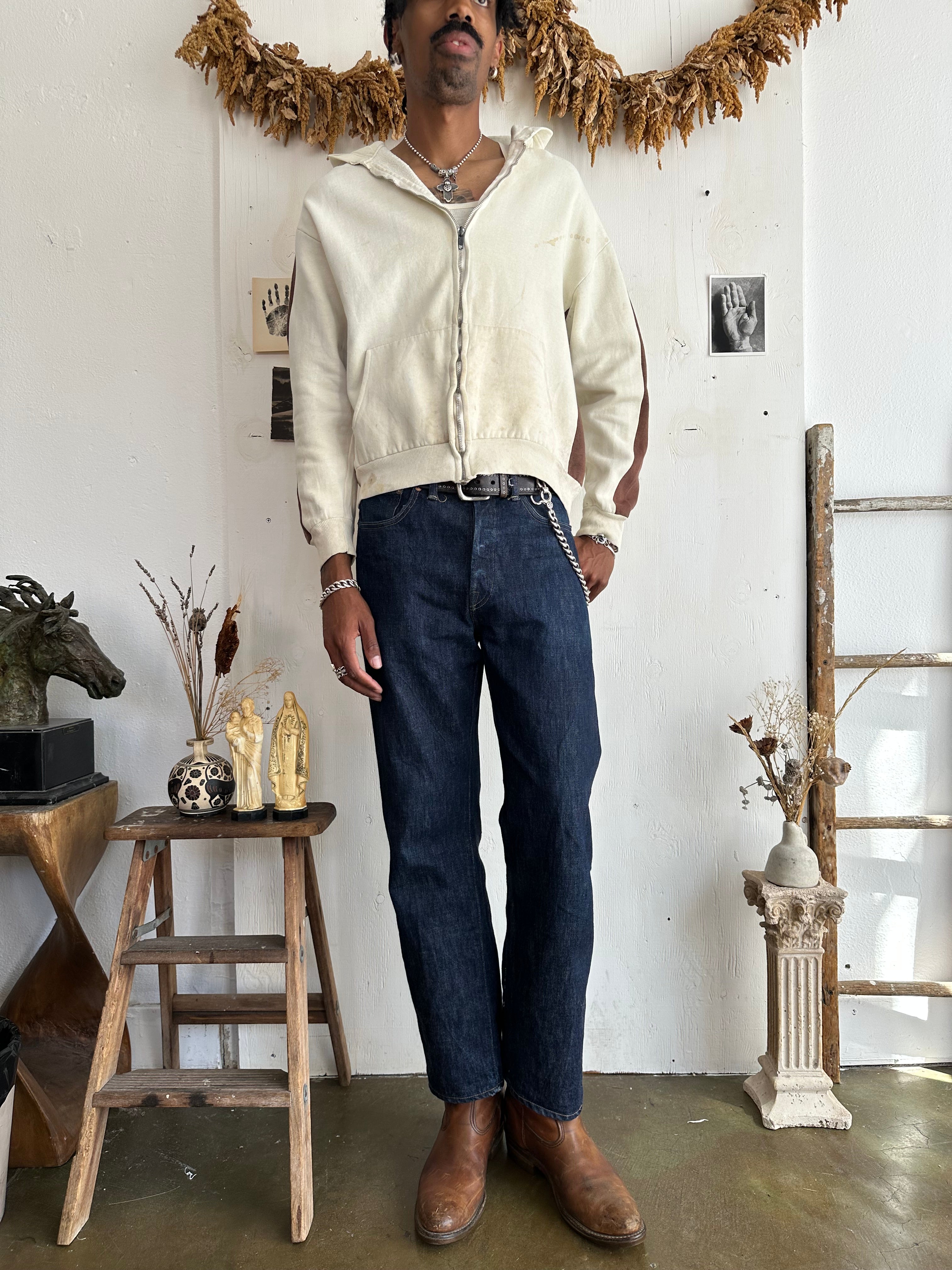 1980s Thrashed Colorblock Cream and Brown Zip Up (Boxy L)