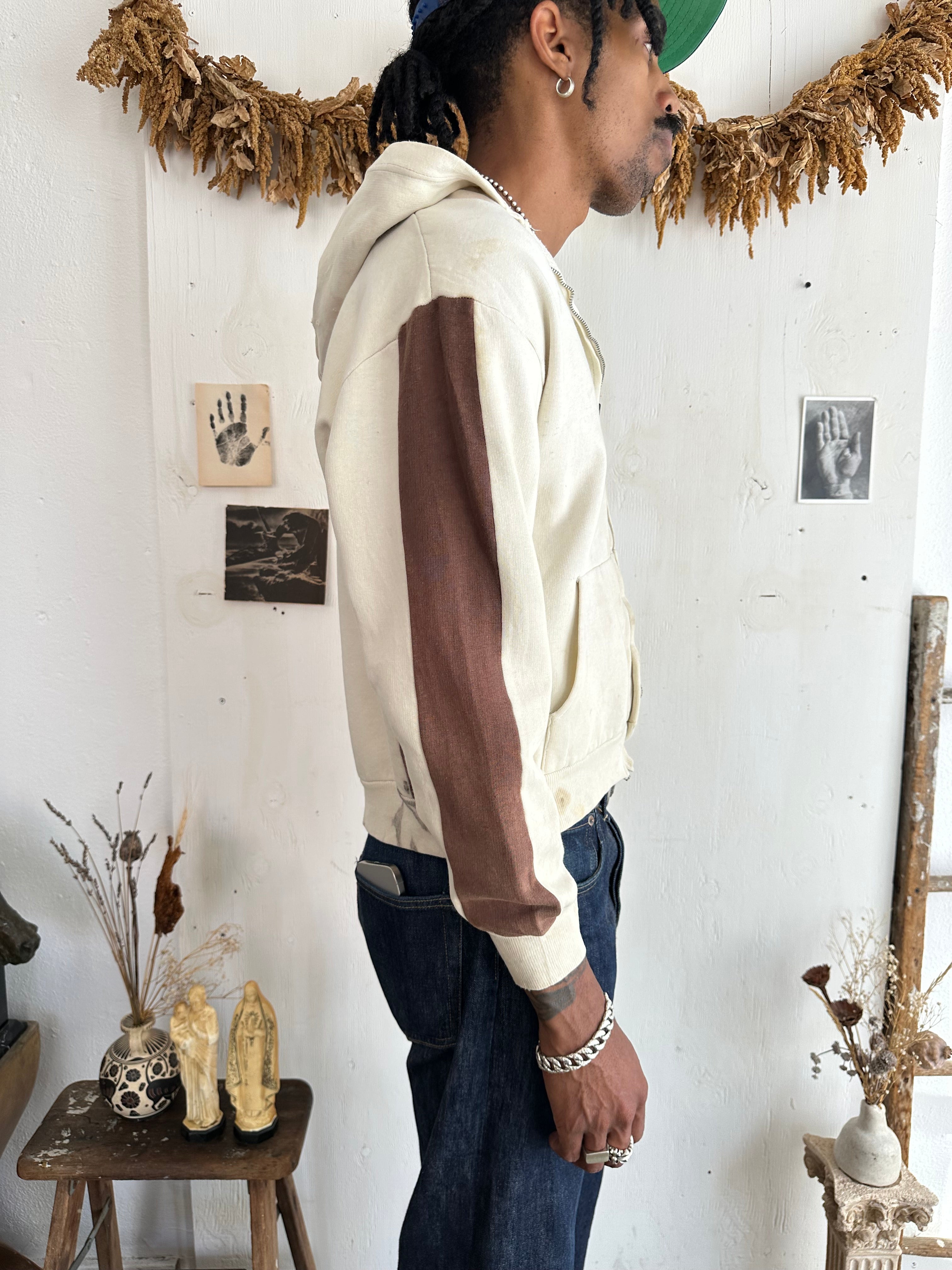 1980s Thrashed Colorblock Cream and Brown Zip Up (Boxy L)