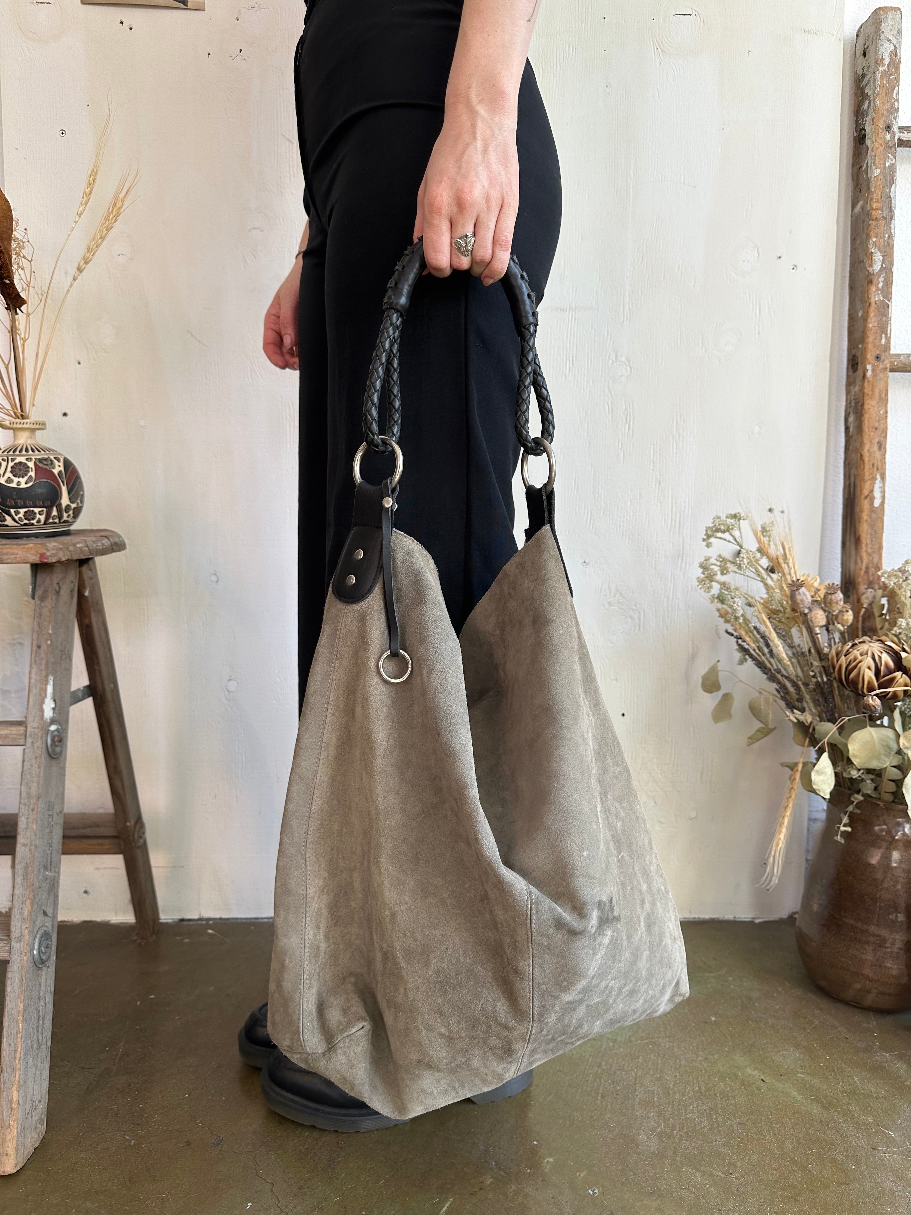 Vintage Stone Gray Suede Hobo Bag