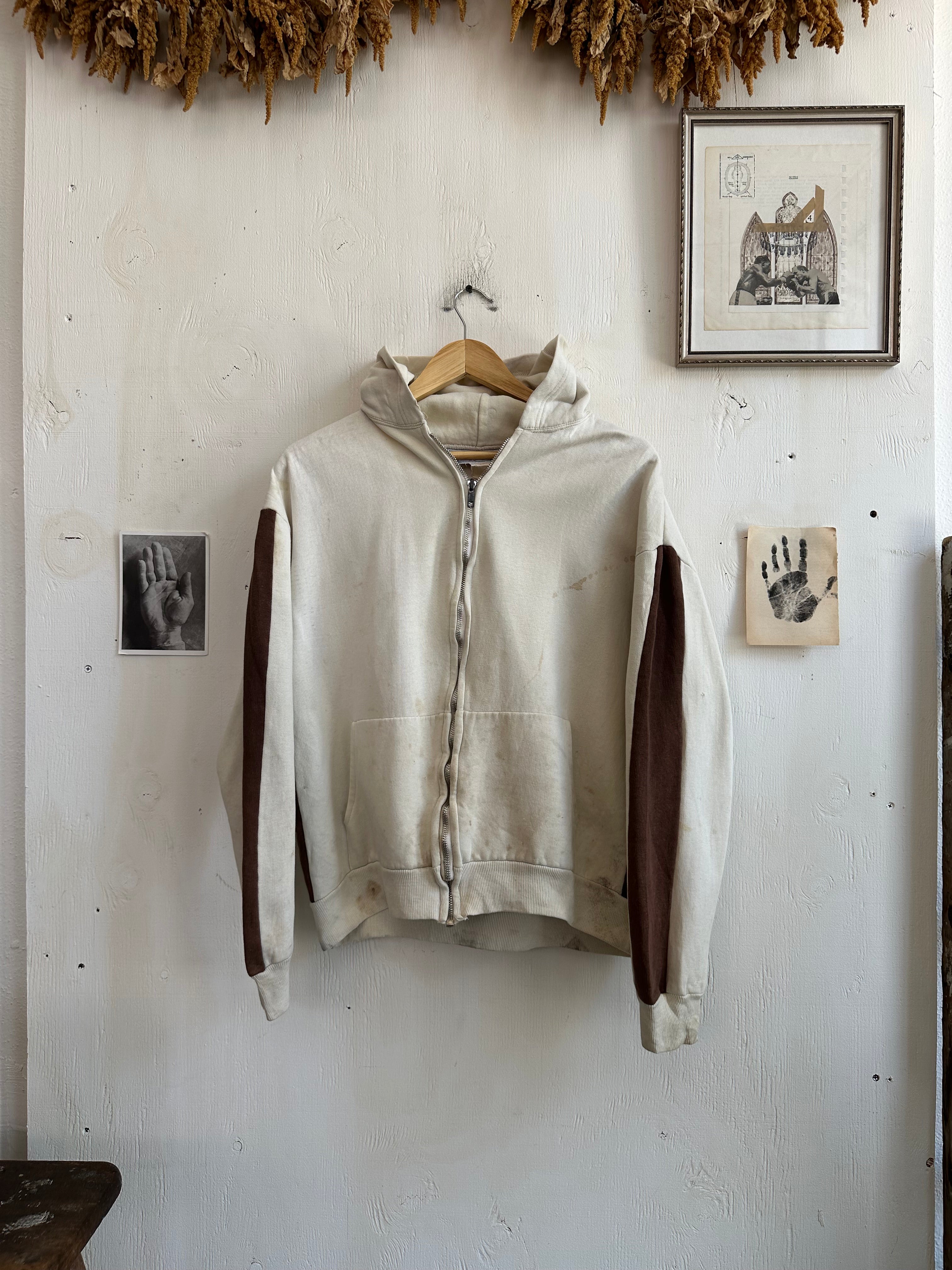 1980s Thrashed Colorblock Cream and Brown Zip Up (Boxy L)