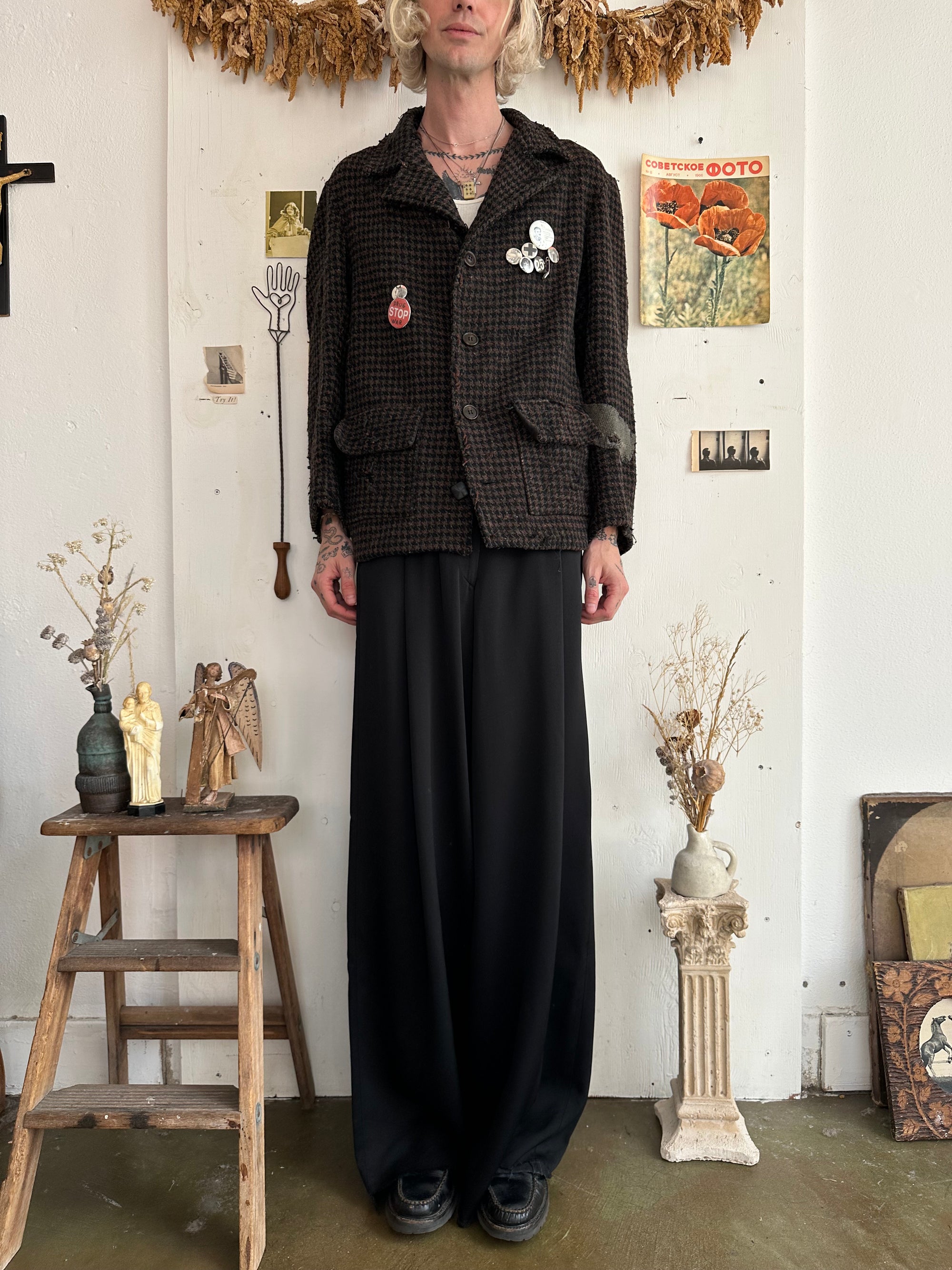 1960s Thrashed Tweed Houndstooth 4 Button Coat W/ Pins