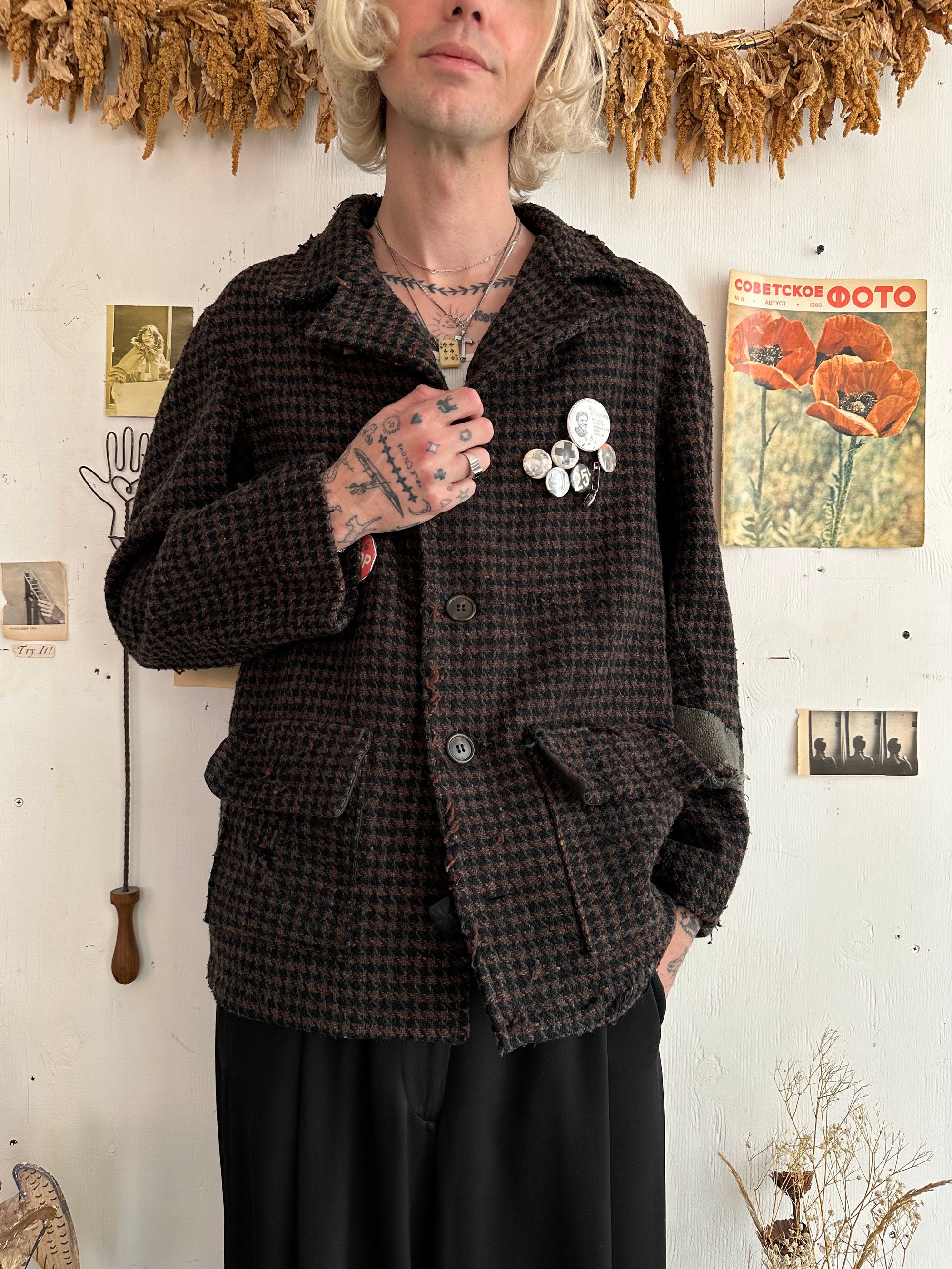 1960s Thrashed Tweed Houndstooth 4 Button Coat W/ Pins