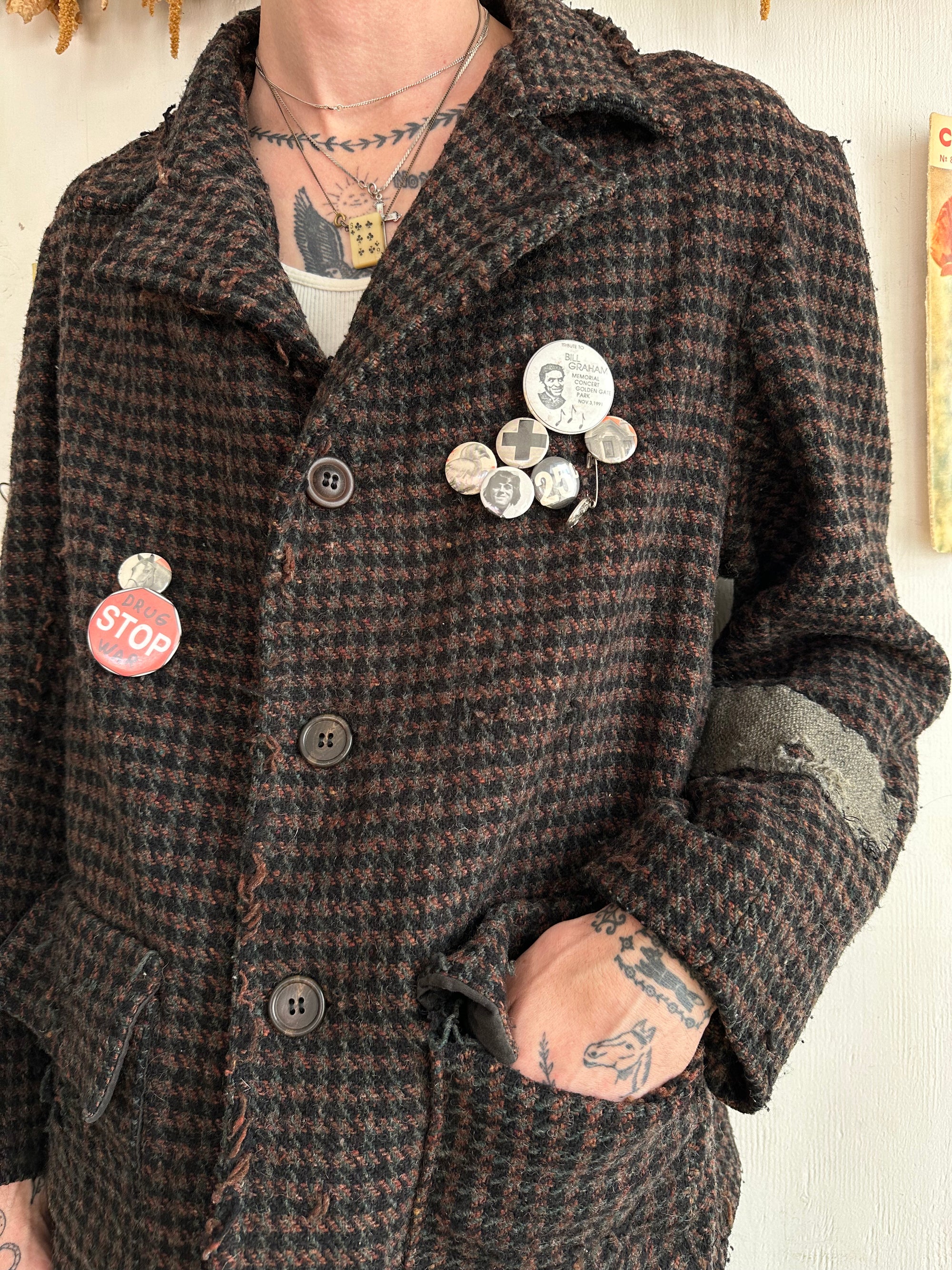 1960s Thrashed Tweed Houndstooth 4 Button Coat W/ Pins