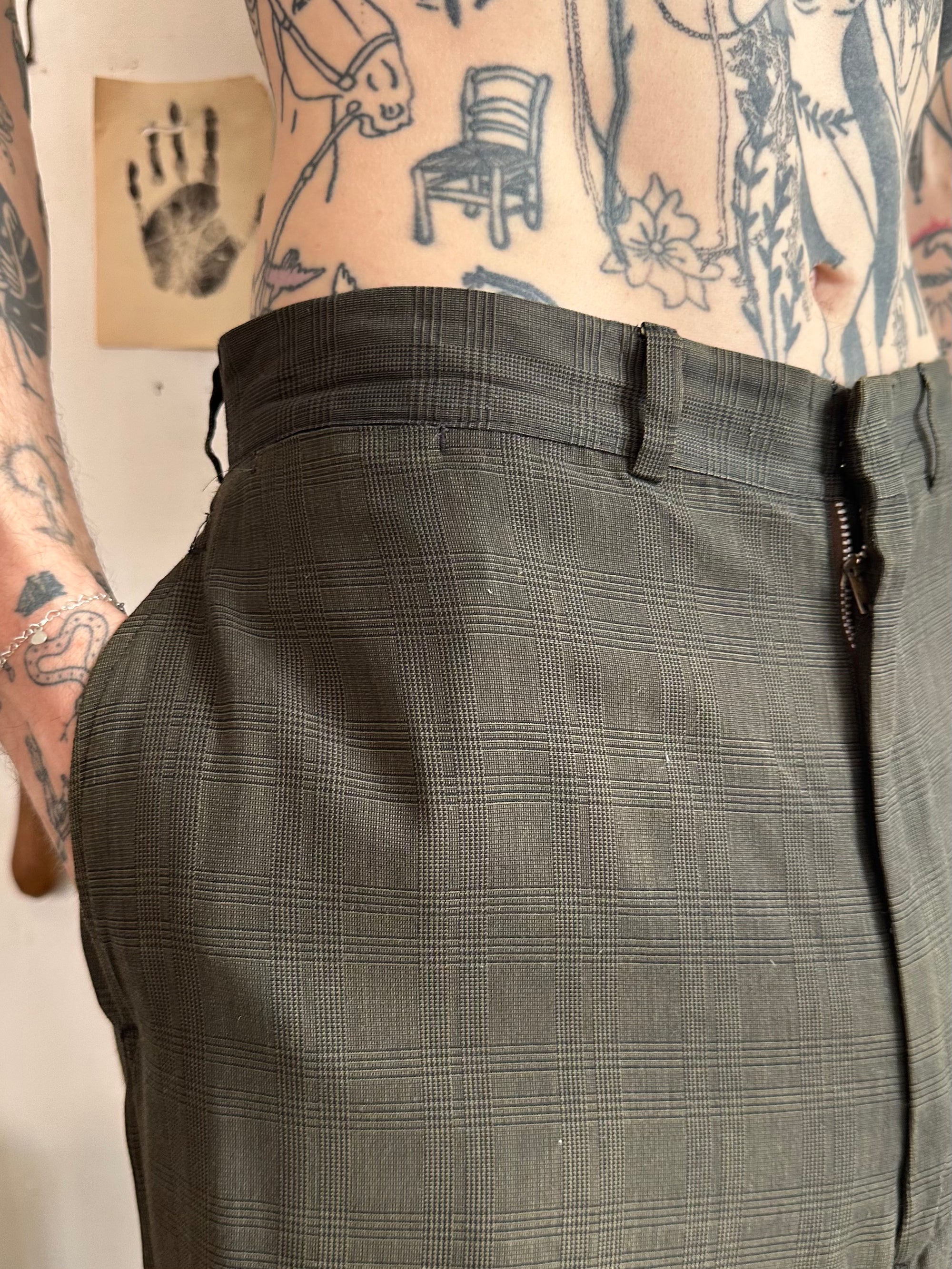 1960s Flat Front Baggy Plaid Trousers