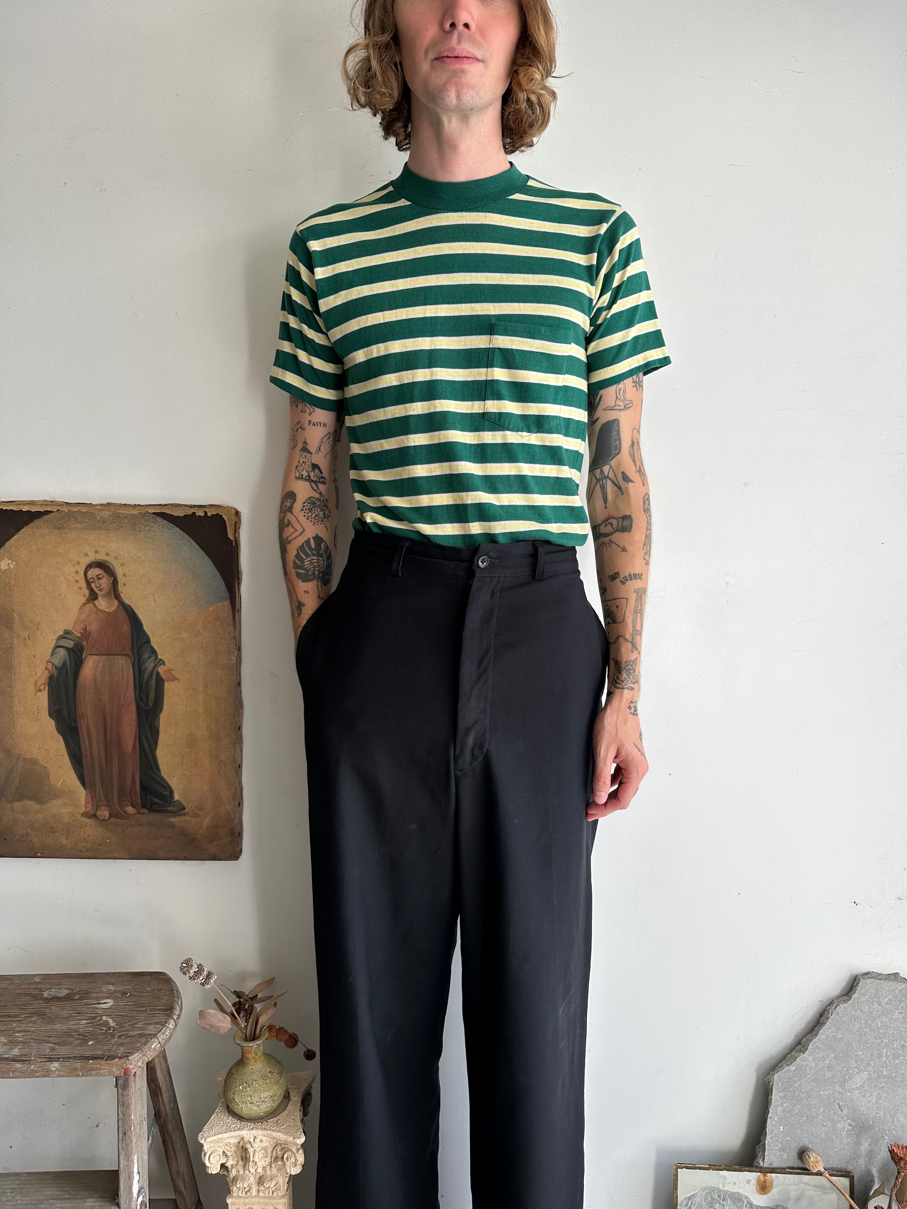 1980s Green and Yellow Striped Pocket Tee (M/L)