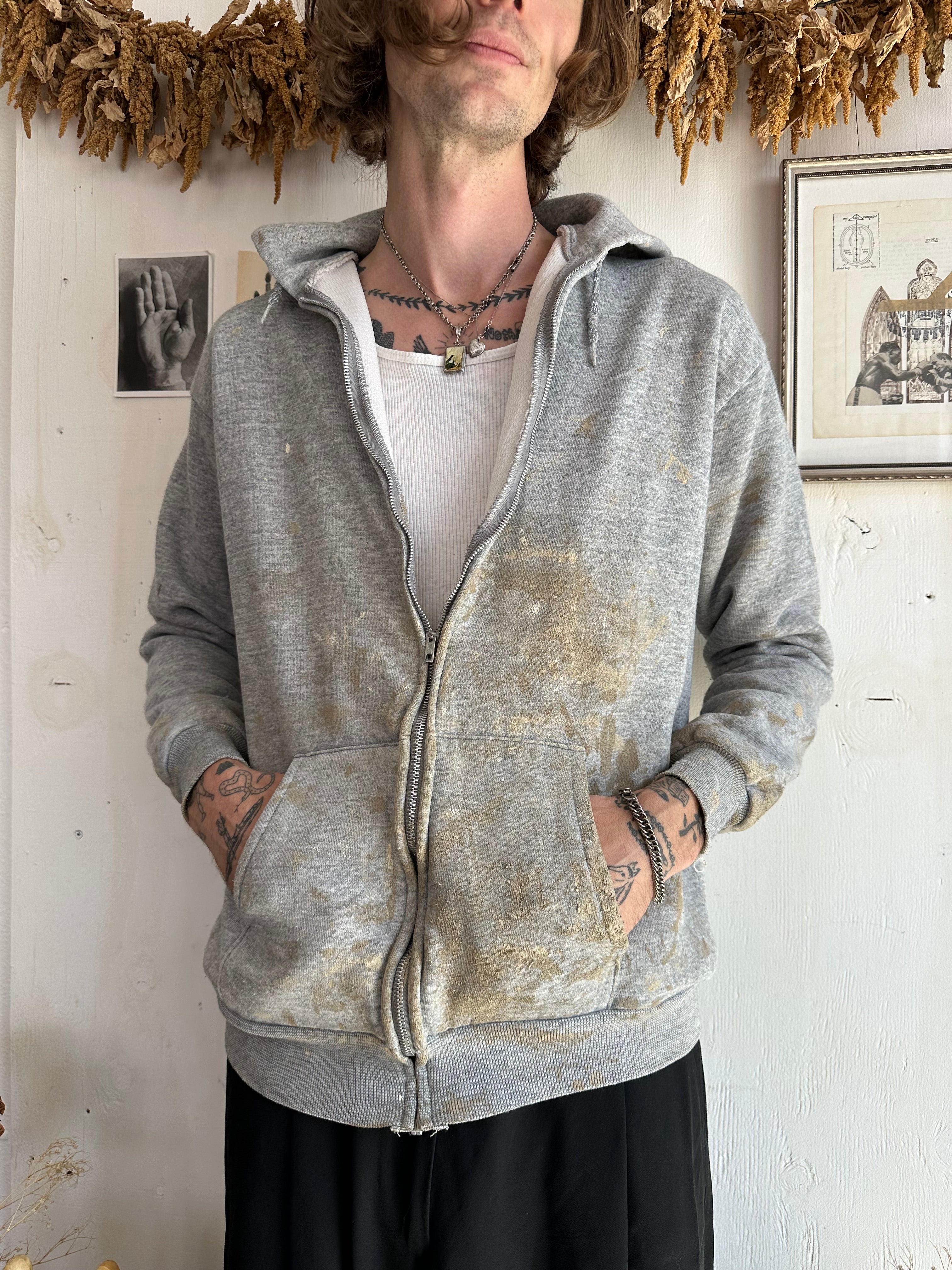 1980s Paint Stained Thermal Lined Hoodie (M)
