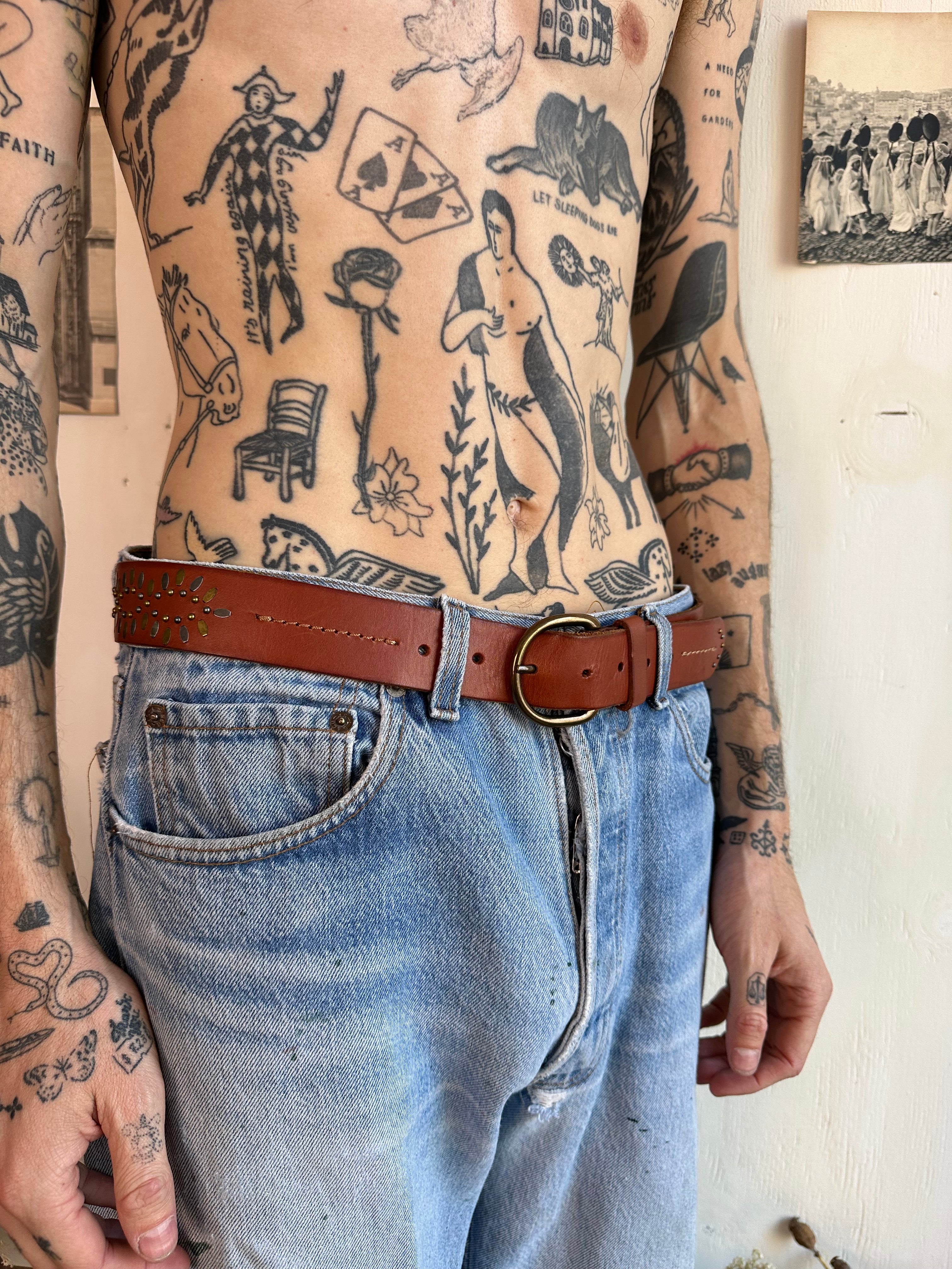 Vintage Brown Studded Belt (32”-36”)