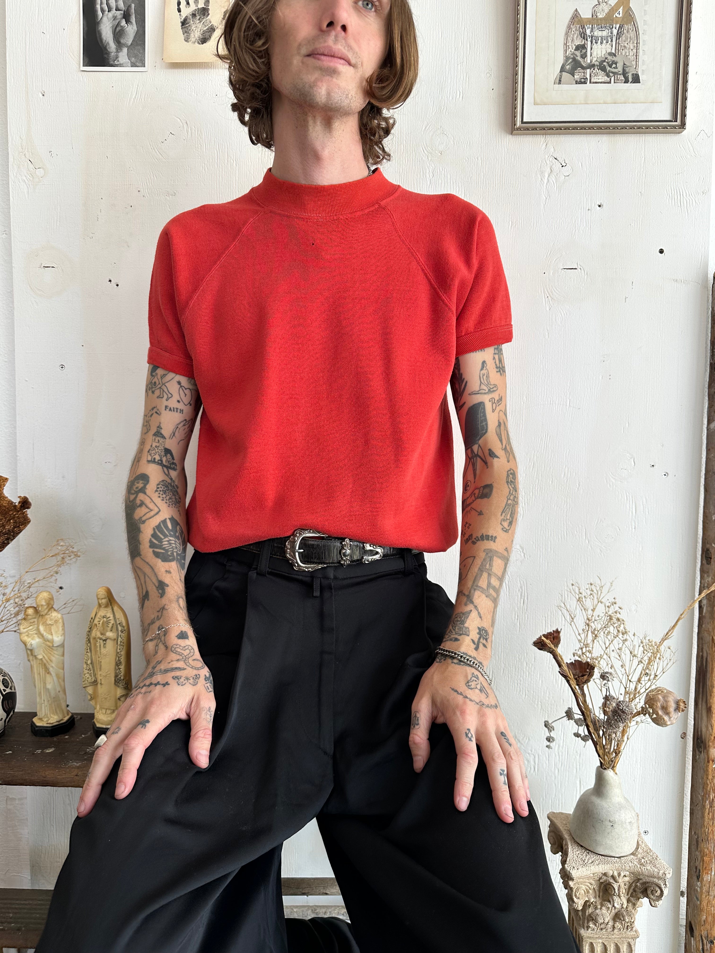 1970s Short Sleeve Sun Faded Red Sweatshirt (S/M)
