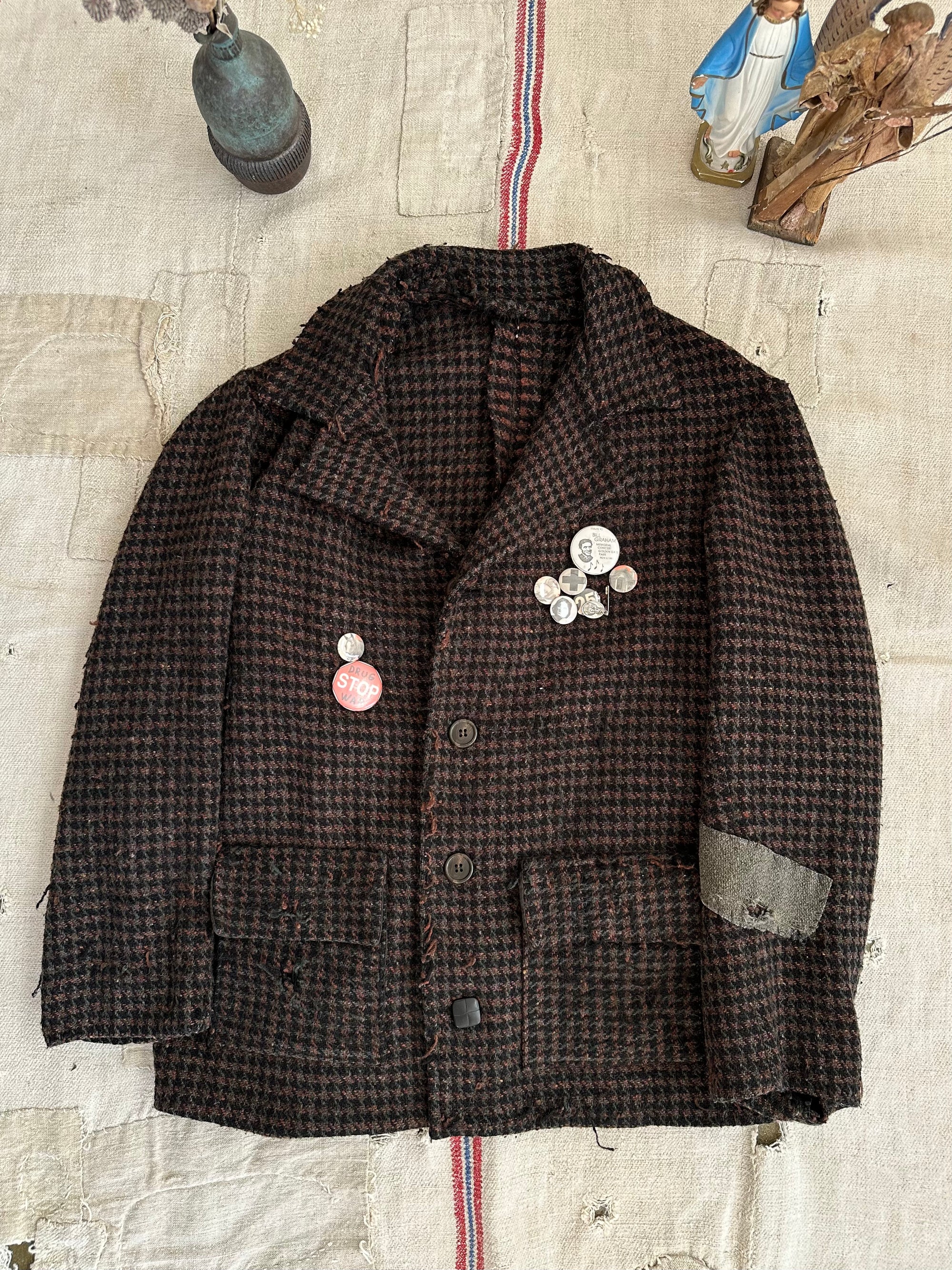 1960s Thrashed Tweed Houndstooth 4 Button Coat W/ Pins