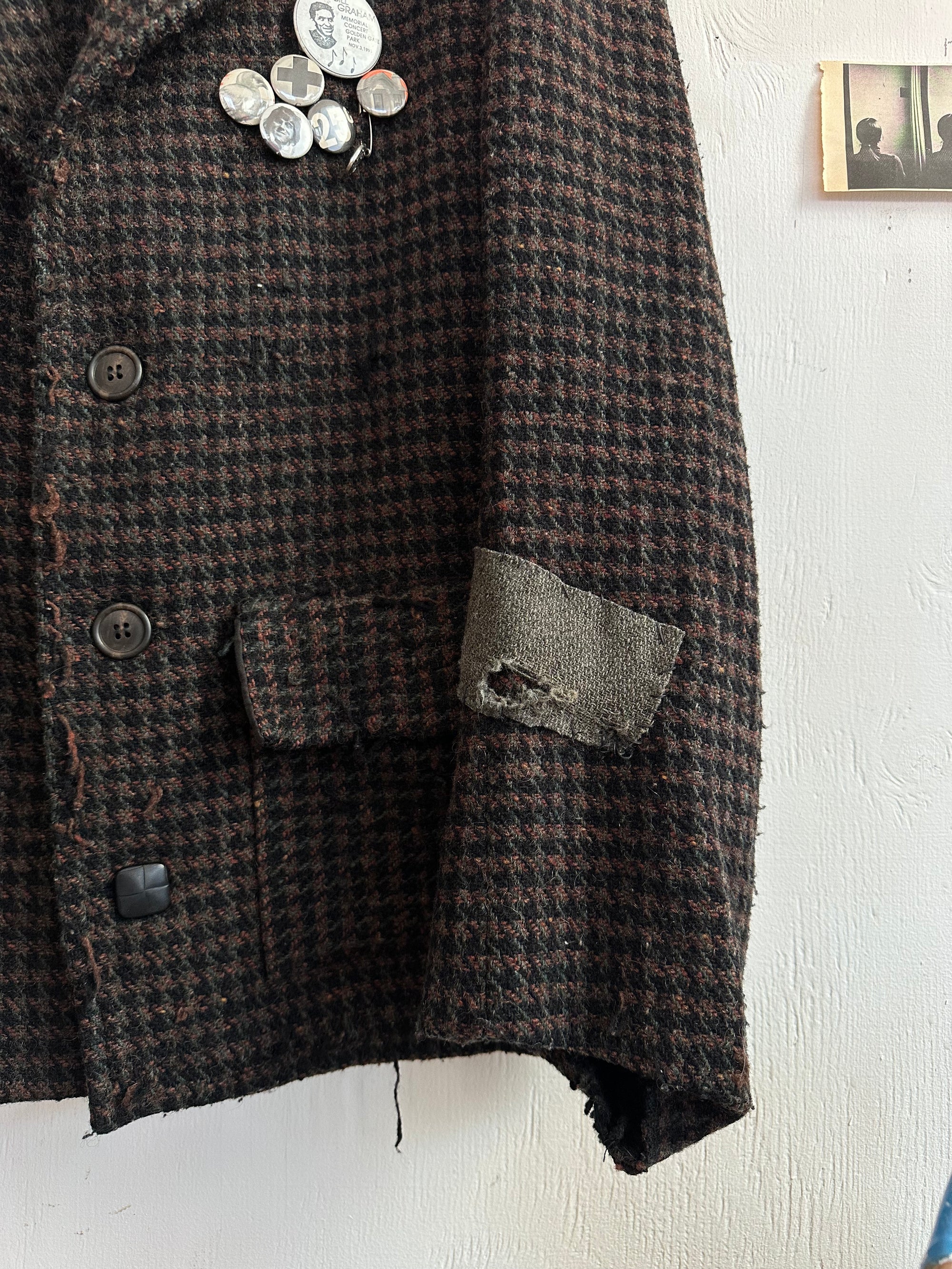 1960s Thrashed Tweed Houndstooth 4 Button Coat W/ Pins