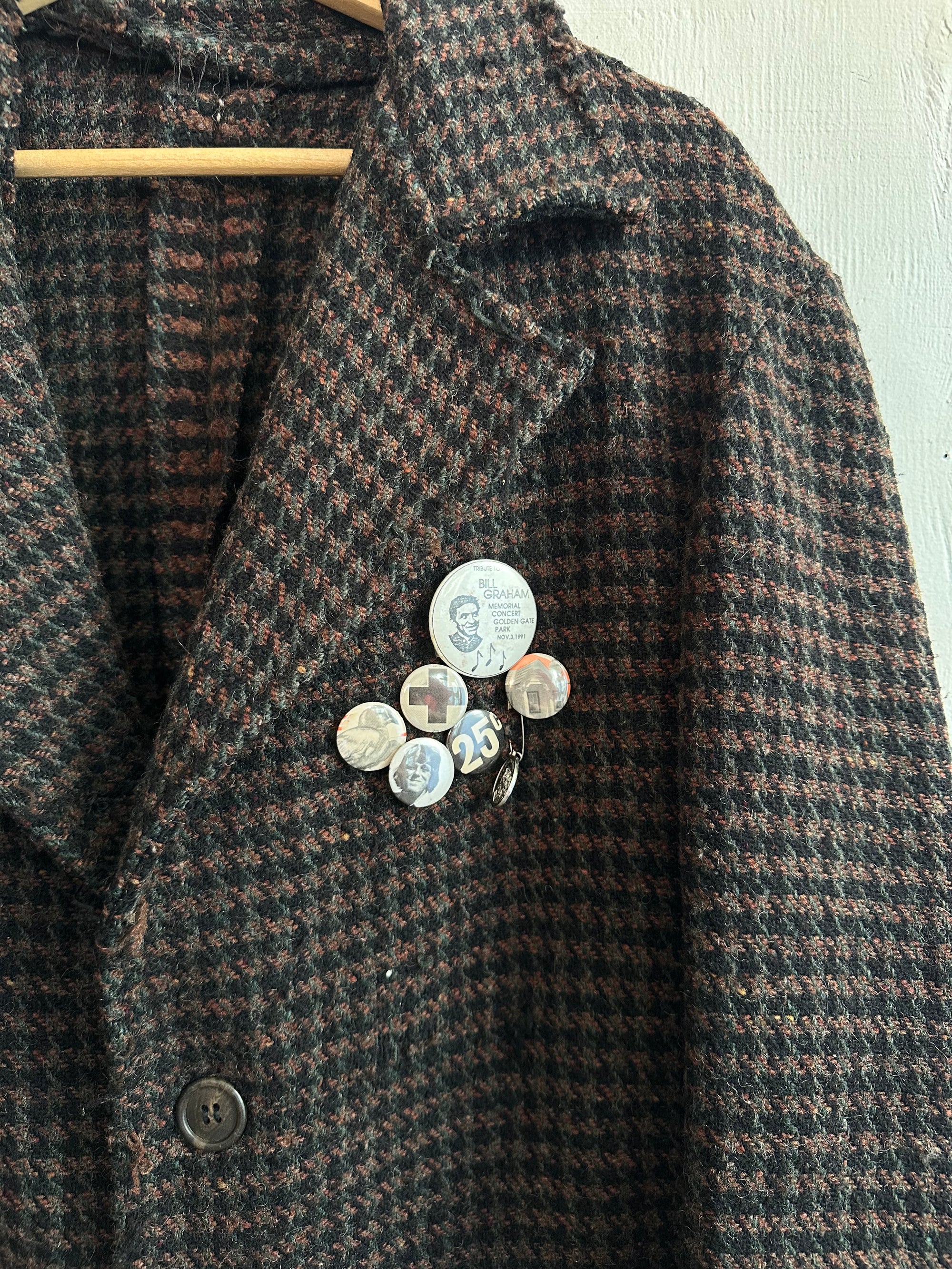 1960s Thrashed Tweed Houndstooth 4 Button Coat W/ Pins