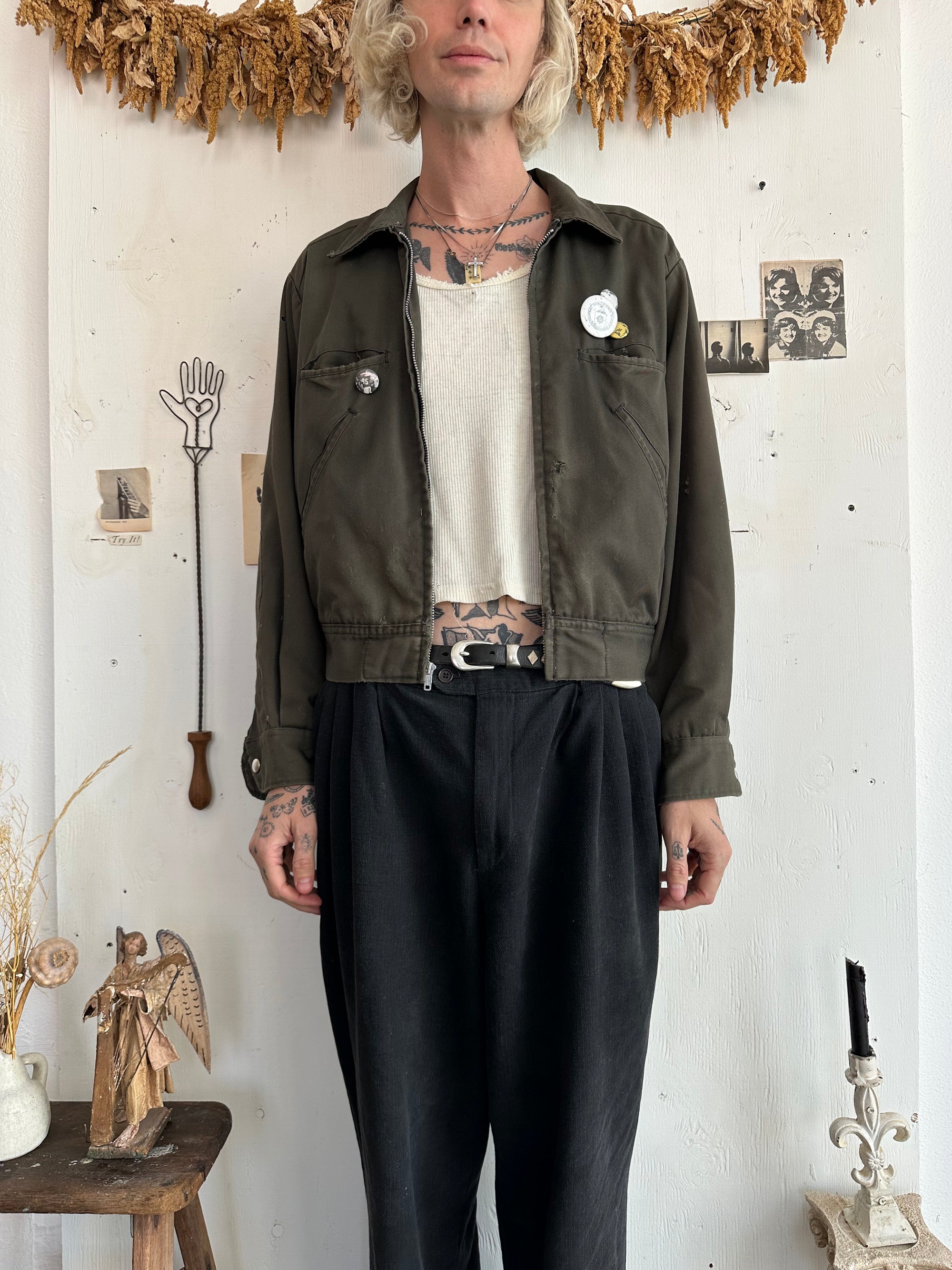 1960s Thrashed Black Work Jacket W/ Pins