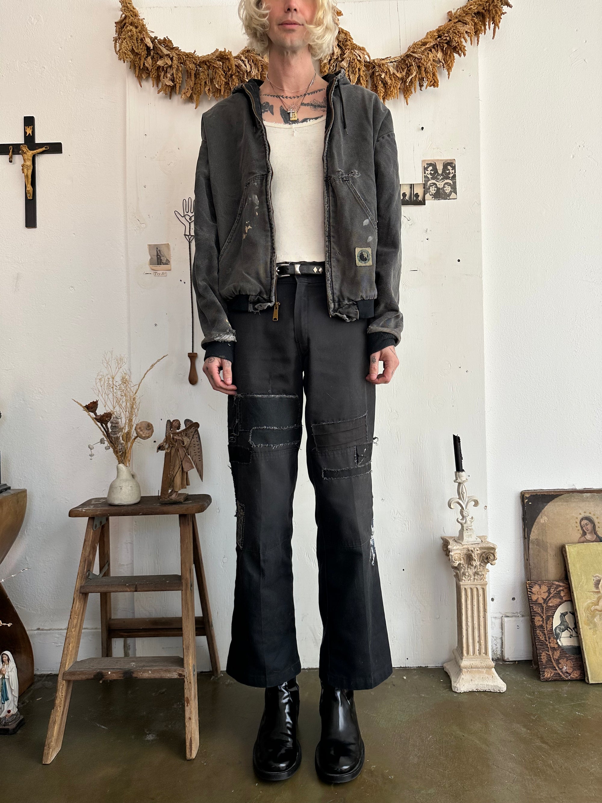 1980s Thrashed Hooded Black Work Jacket