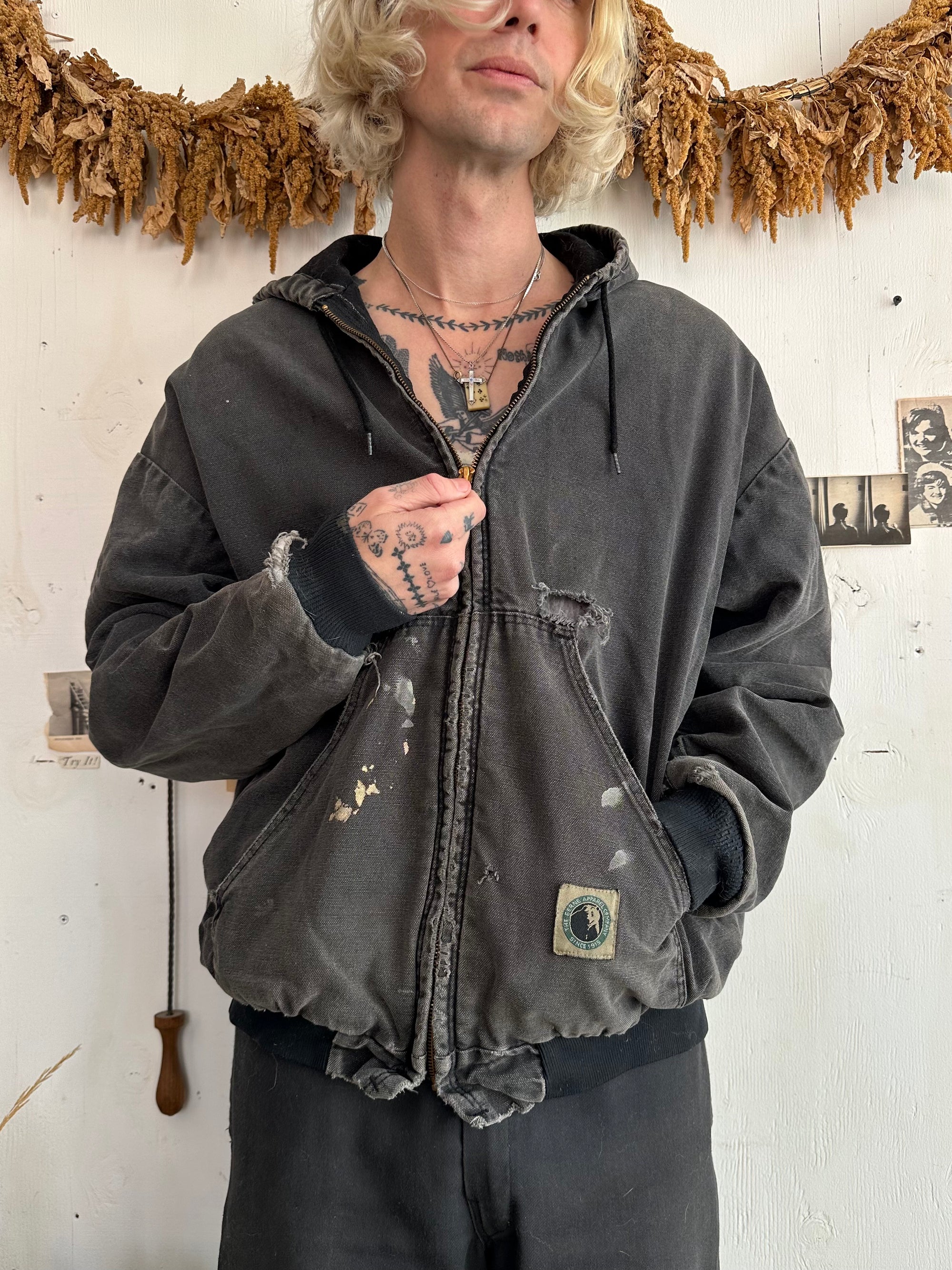 1980s Thrashed Hooded Black Work Jacket