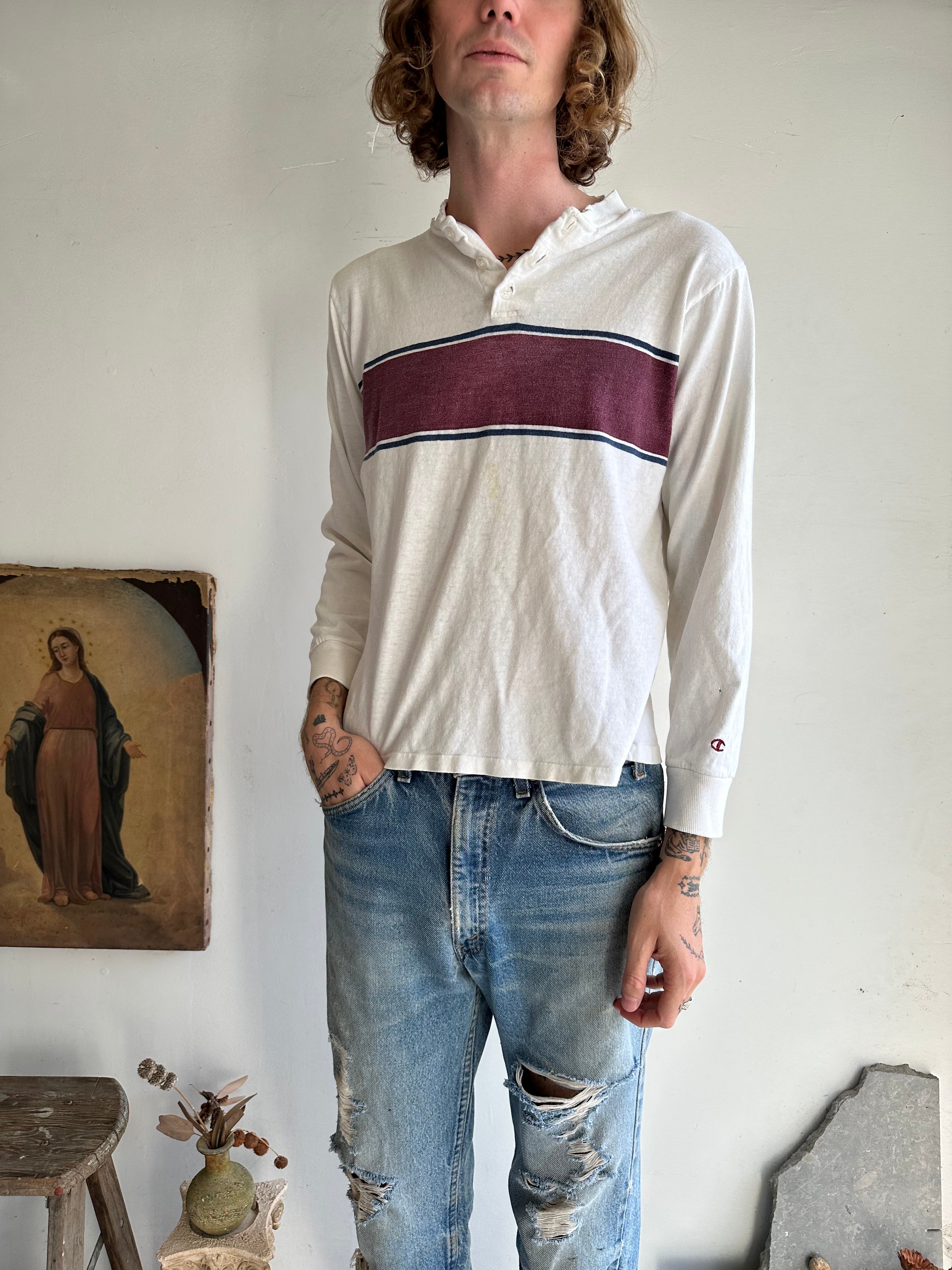 1980s Red Stripe Henley Tee (Boxy S/M)