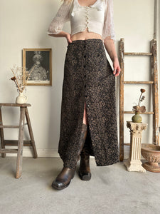 1990s Black Floral Print Skirt (L)