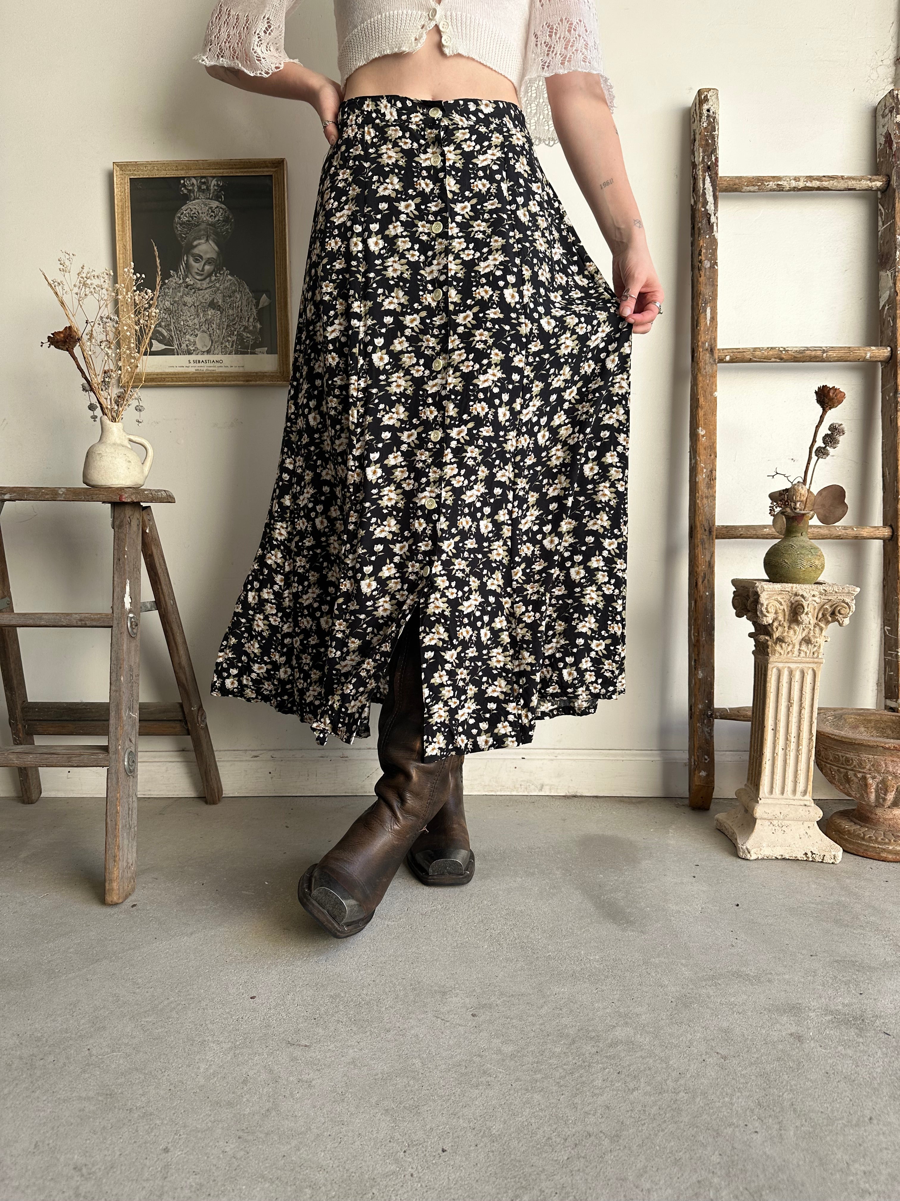 1990s Black Floral Rayon Skirt (S)