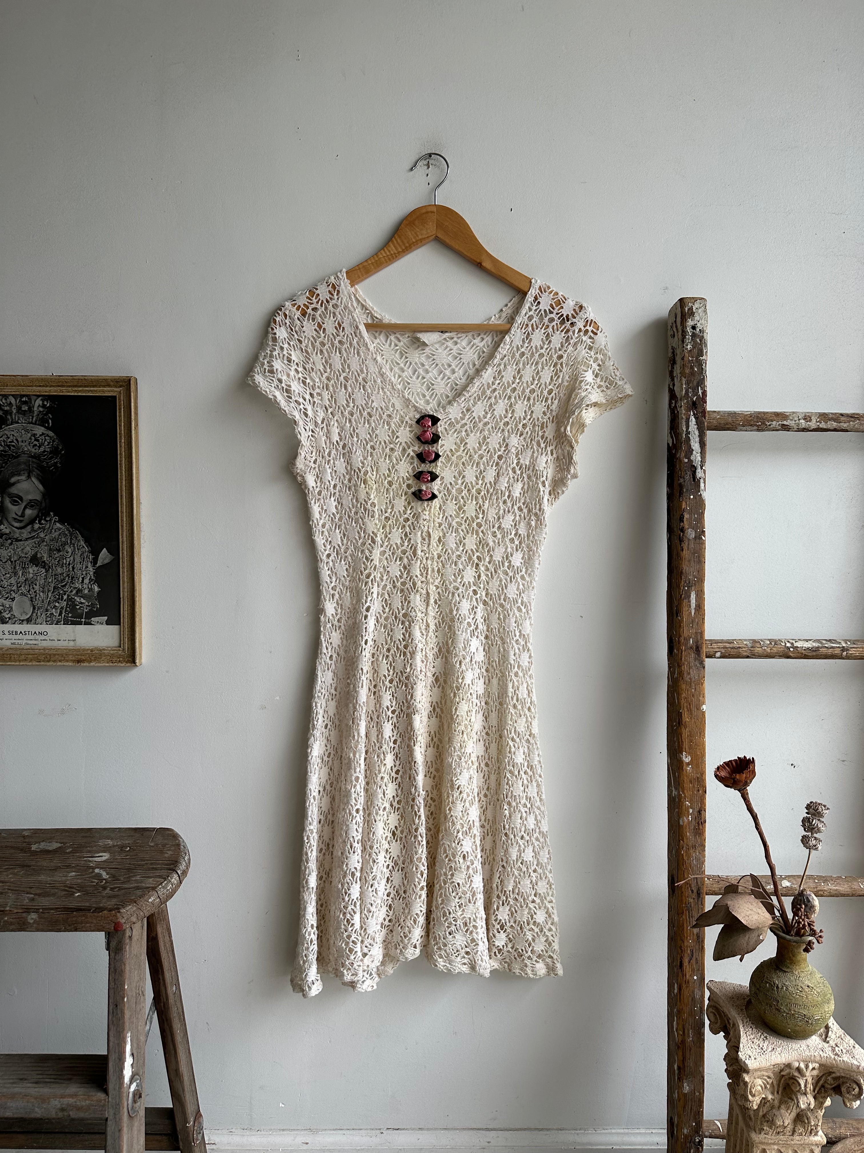 1990s Stained Cotton Lace Dress (S/M)