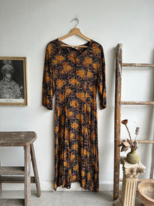 1980s Orange Floral Print Dress (S/M)