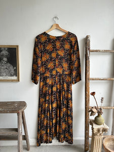 1980s Orange Floral Print Dress (S/M)